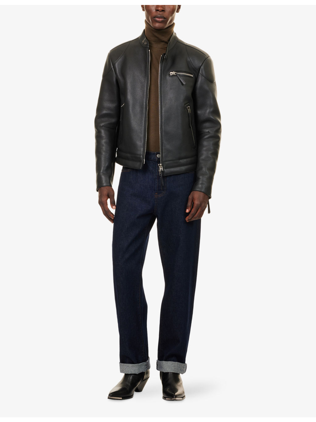 Stand-Collar Long-Sleeve Leather Biker Jacket - 2