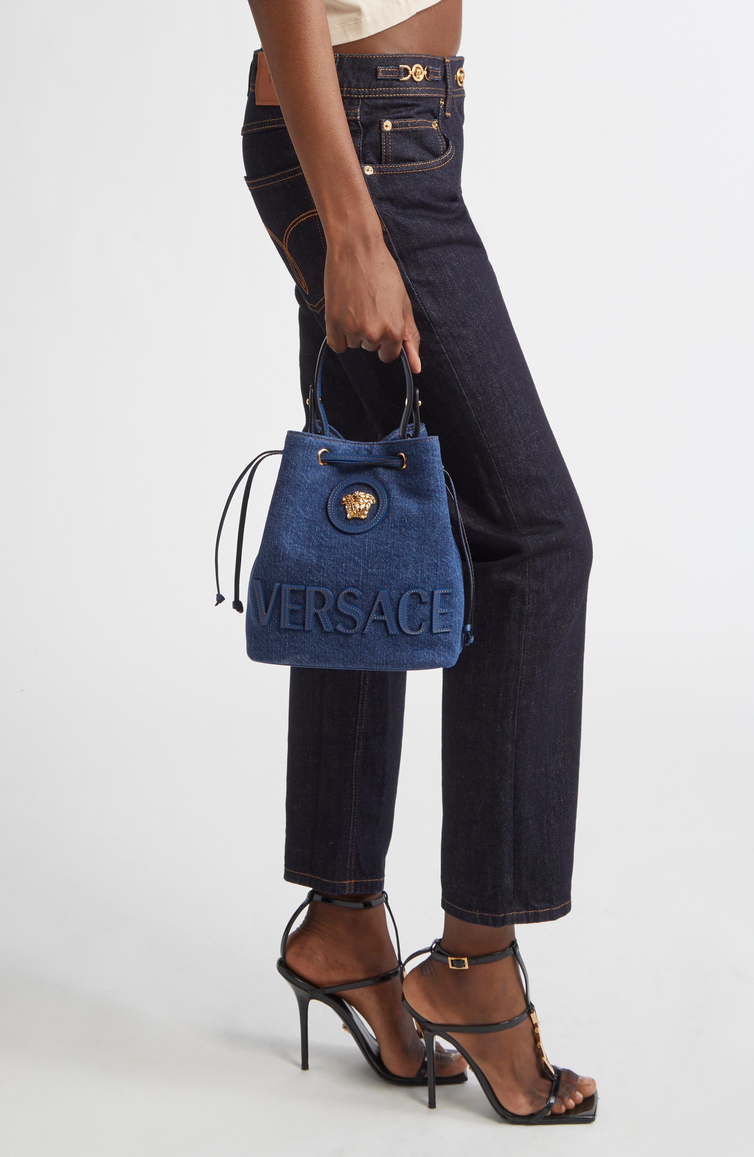 Versace La Medusa Denim Bucket Bag in Navy Blue Versace Gold at Nordstrom - 2