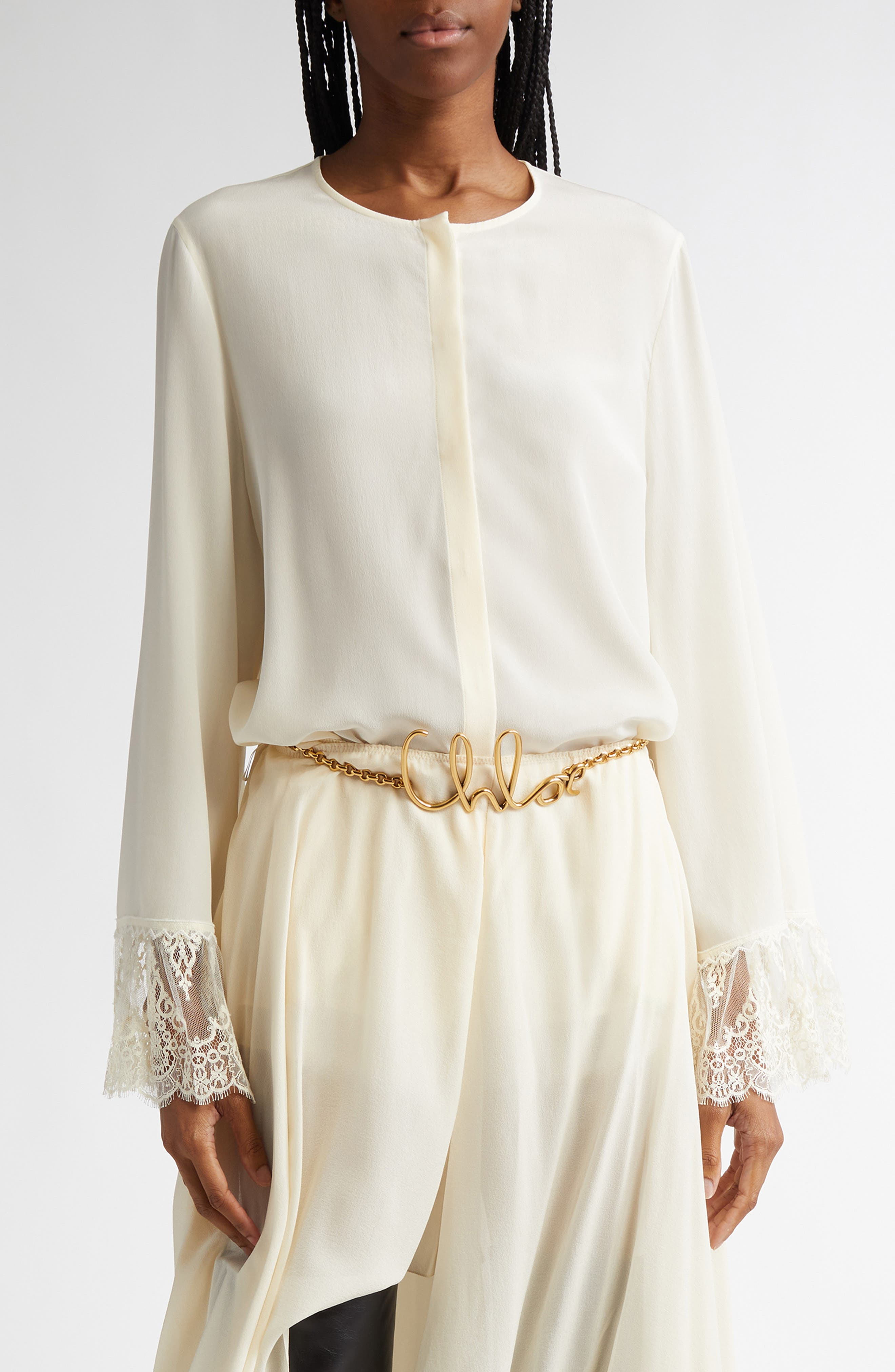 Chloé Lace Cuff Silk Crêpe de Chine Shirt in Coconut Milk at Nordstrom - 1
