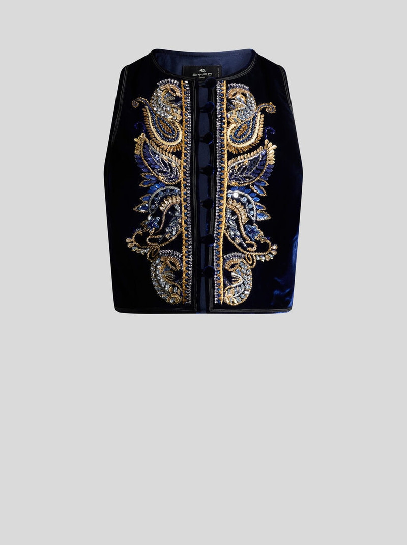 CROPPED VELVET WAISTCOAT WITH PAISLEY FOLIAGE EMBROIDERY 1