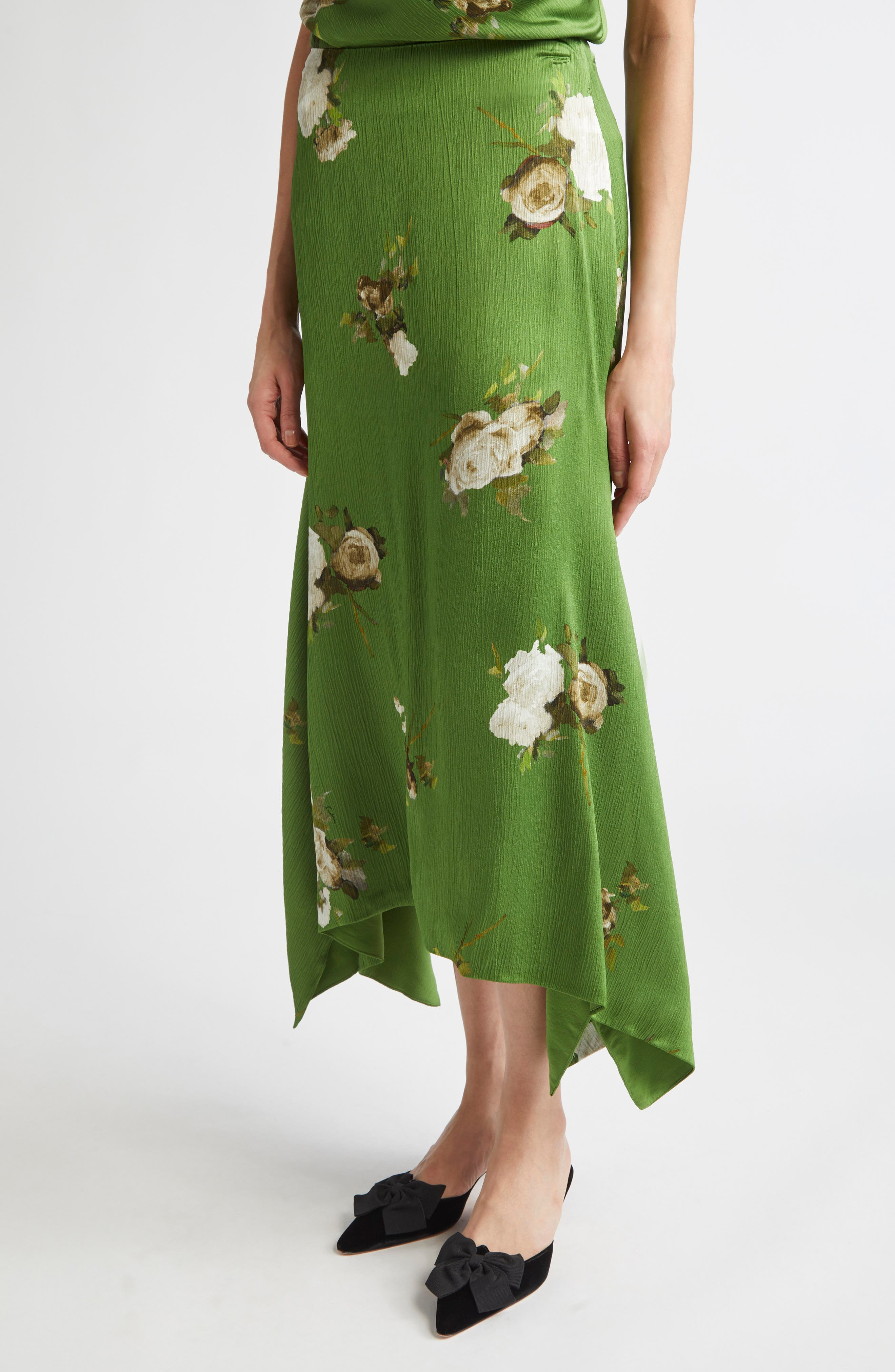 Erdem Rose Print Crinkled Satin Midi Skirt in Painted Rose Bouquet Olive at Nordstrom - 5