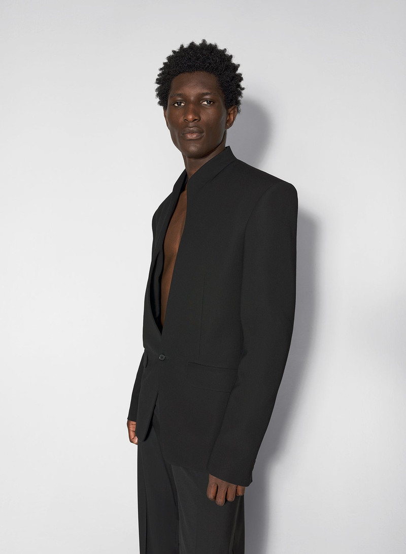 black collarless tailored jacket 3