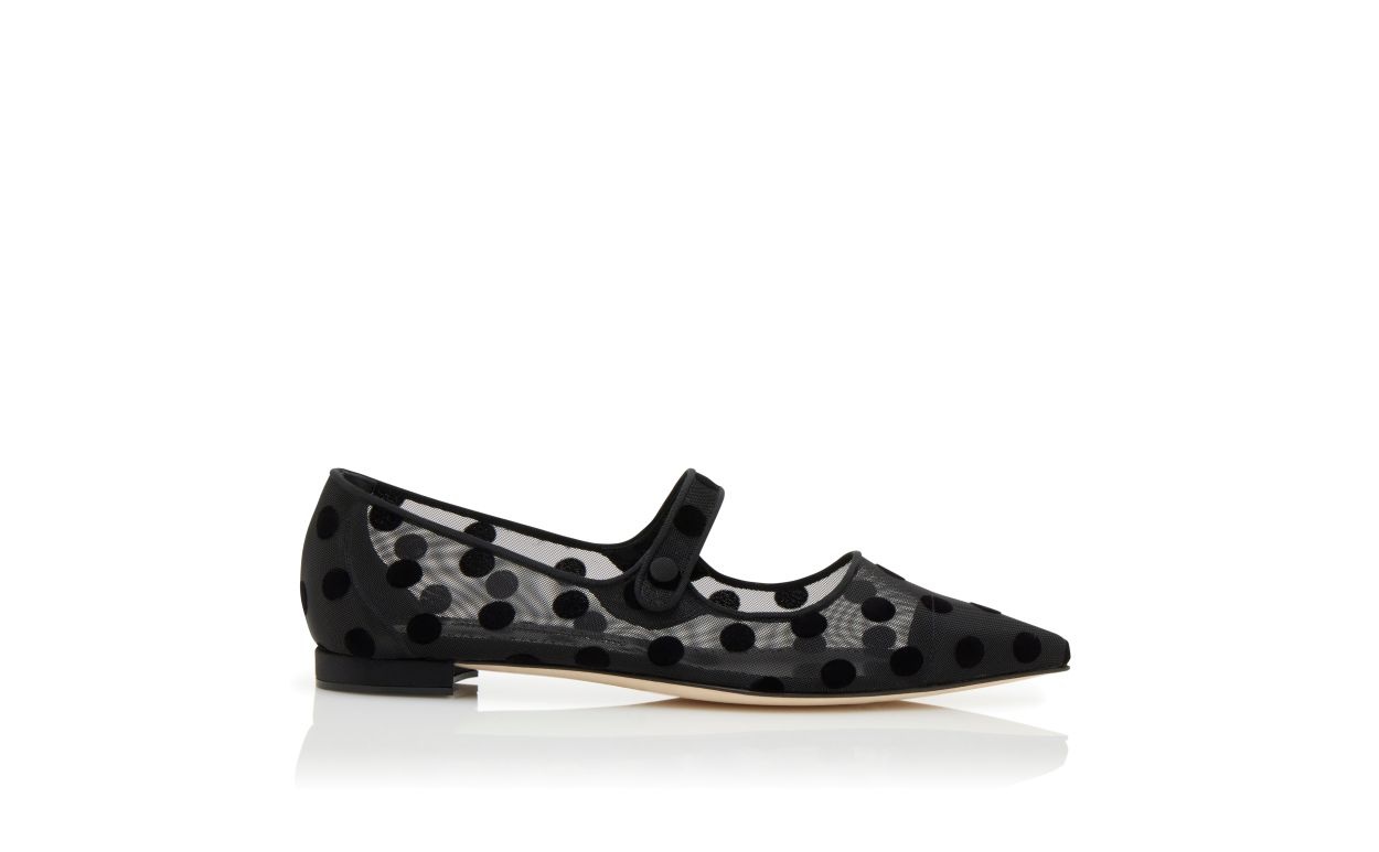 Black Mesh Polka Dot Mary Jane Flat Pumps - 1