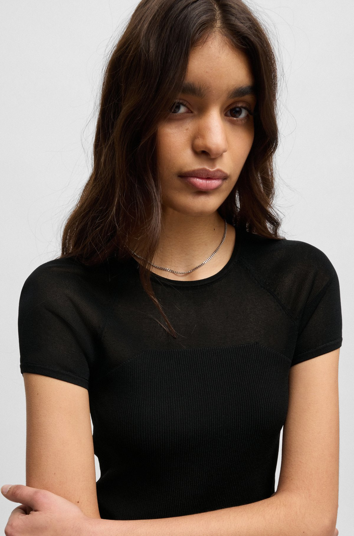 RIB-KNIT TOP WITH SHEER PANELS AND LOGO CHAIN - 5