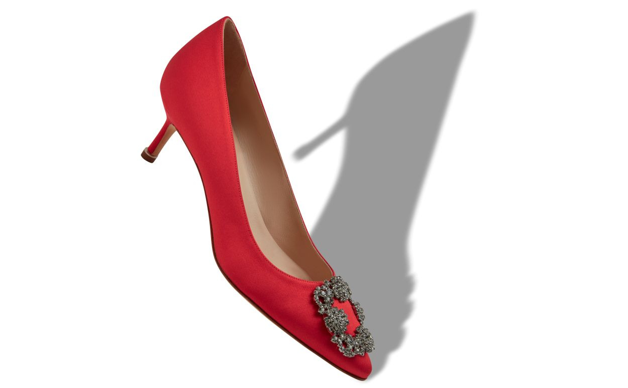 Red Satin Jewel Buckle Pumps - 2