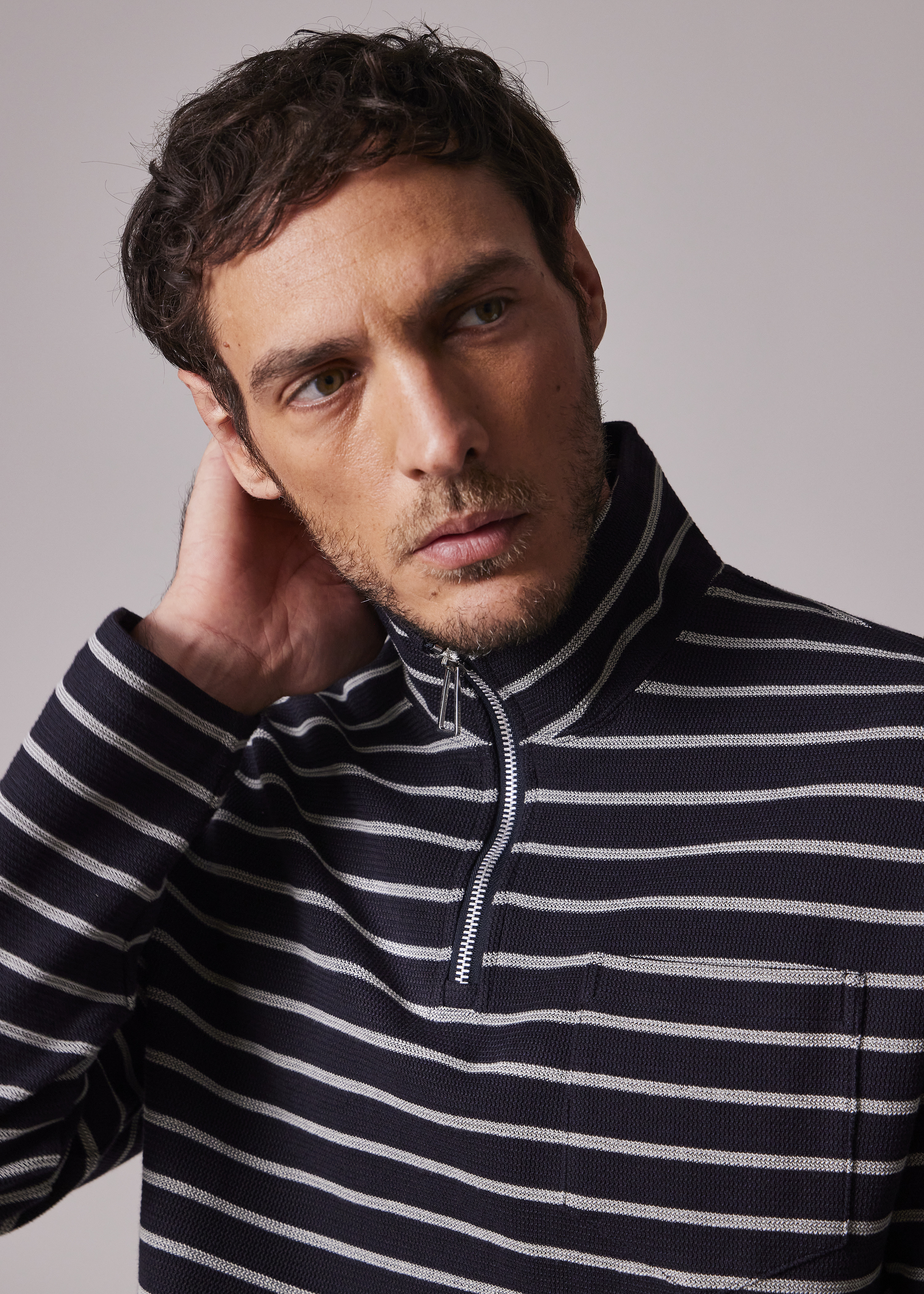 Navy Textured Stripe Zip Neck Sweatshirt - 5