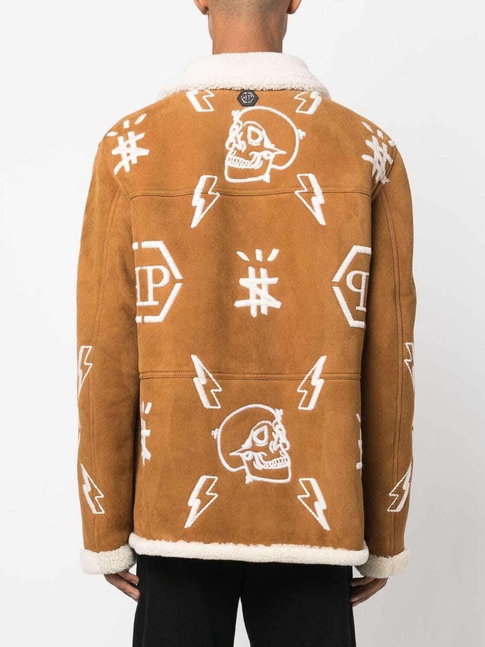 logo-embroidered suede coat - 4