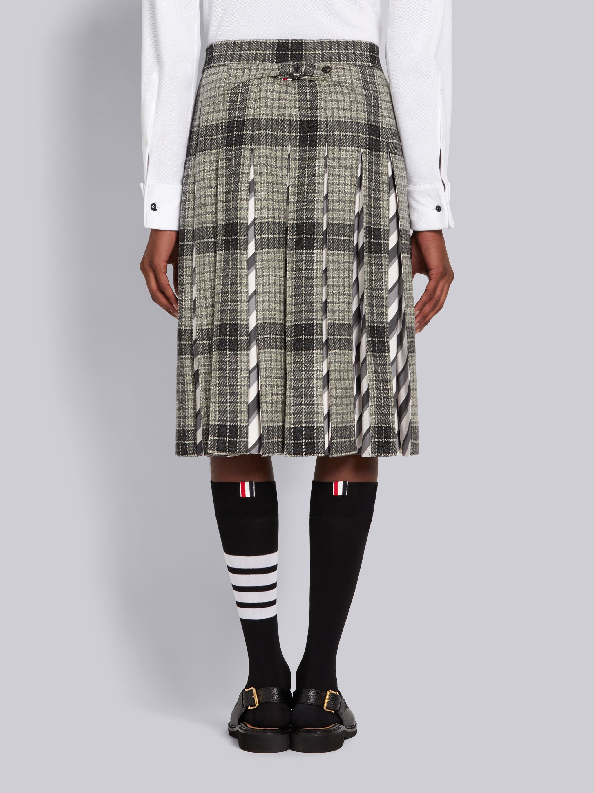 Medium Grey Grid Windowpane Check British Wool Combo Insert Classic Rise Backstrap Pleated Skirt - 3