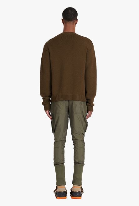 Khaki wool sweater with orange Balmain Paris logo - 3