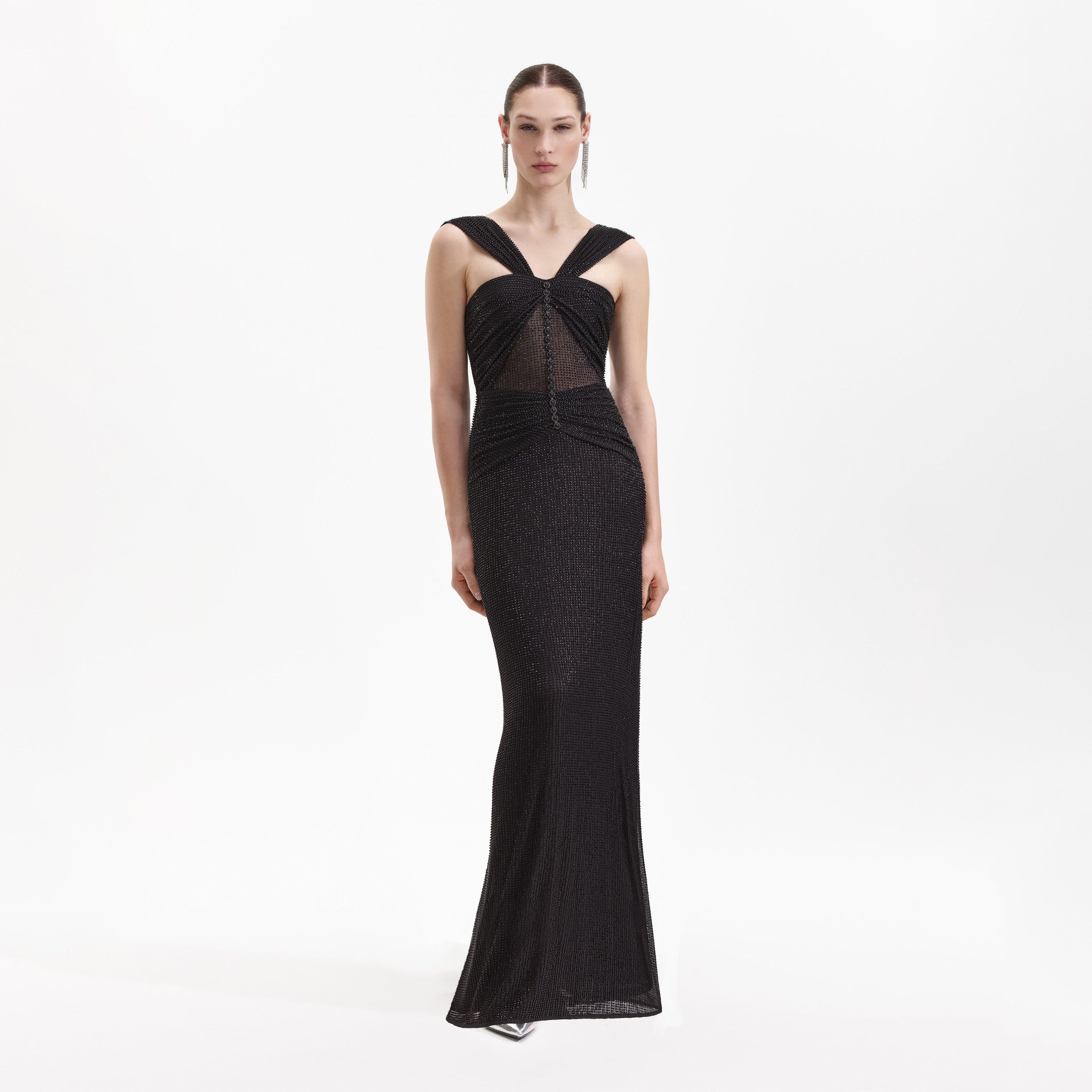 self-portrait Black Beaded Mesh Maxi Dress - SS24-104X-B | REVERSIBLE