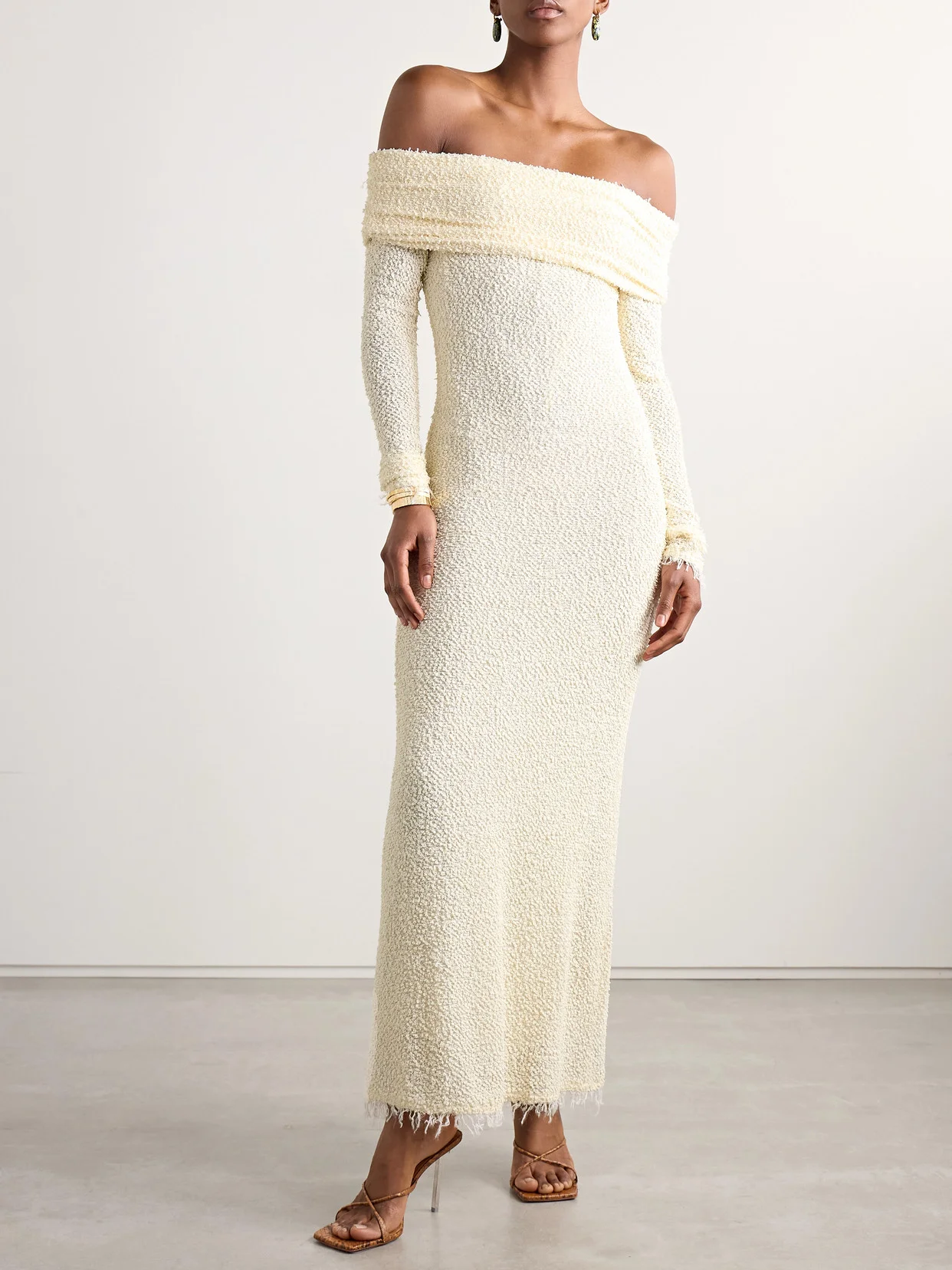 chinese dress ladies Self-Portrait - Cream Boucle Bow Detail Maxi Dress