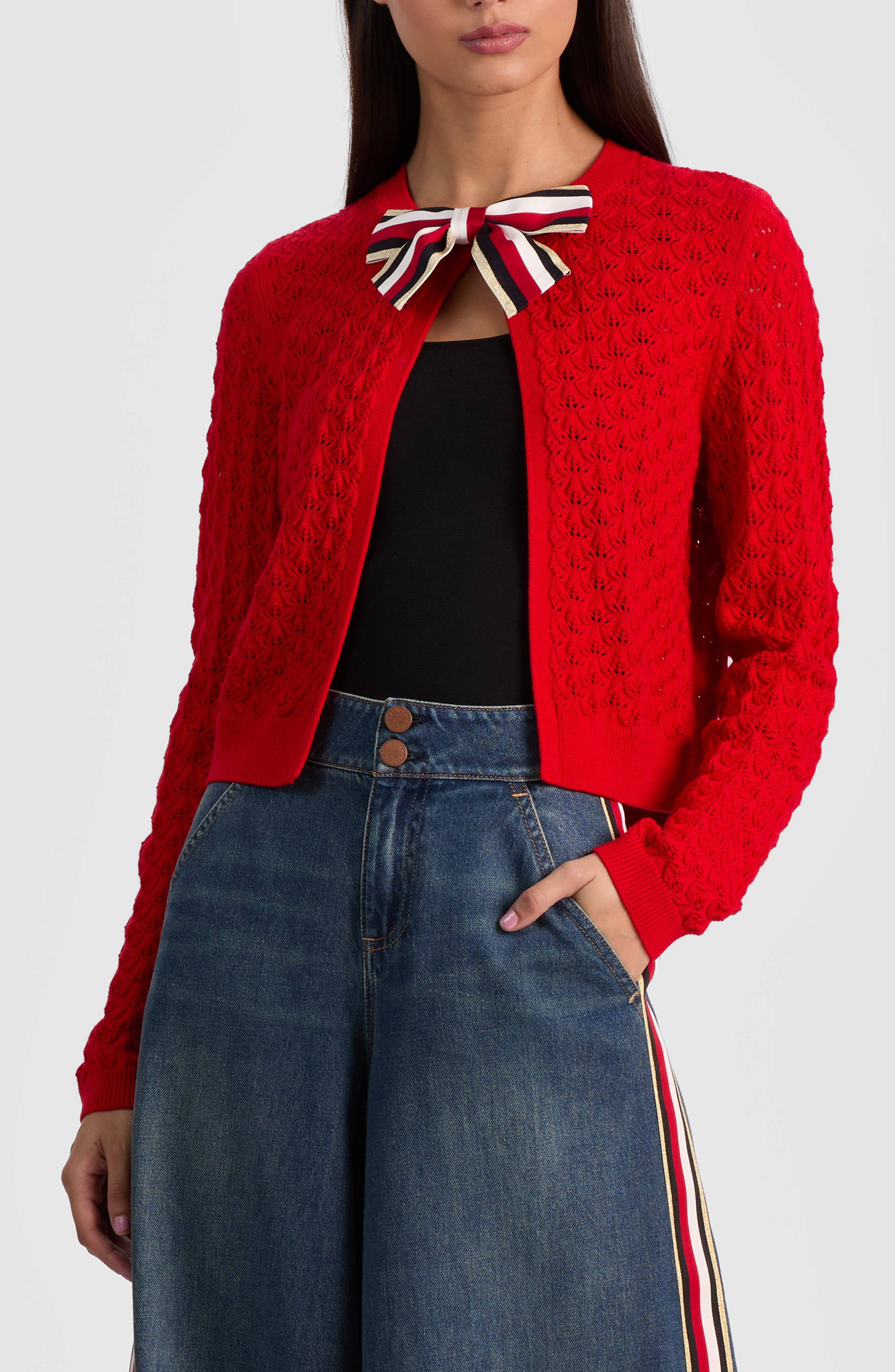 Alice + Olivia Dollie Pointelle Wool Blend Bow Accent Cardigan in Perfect Ruby at Nordstrom - 3