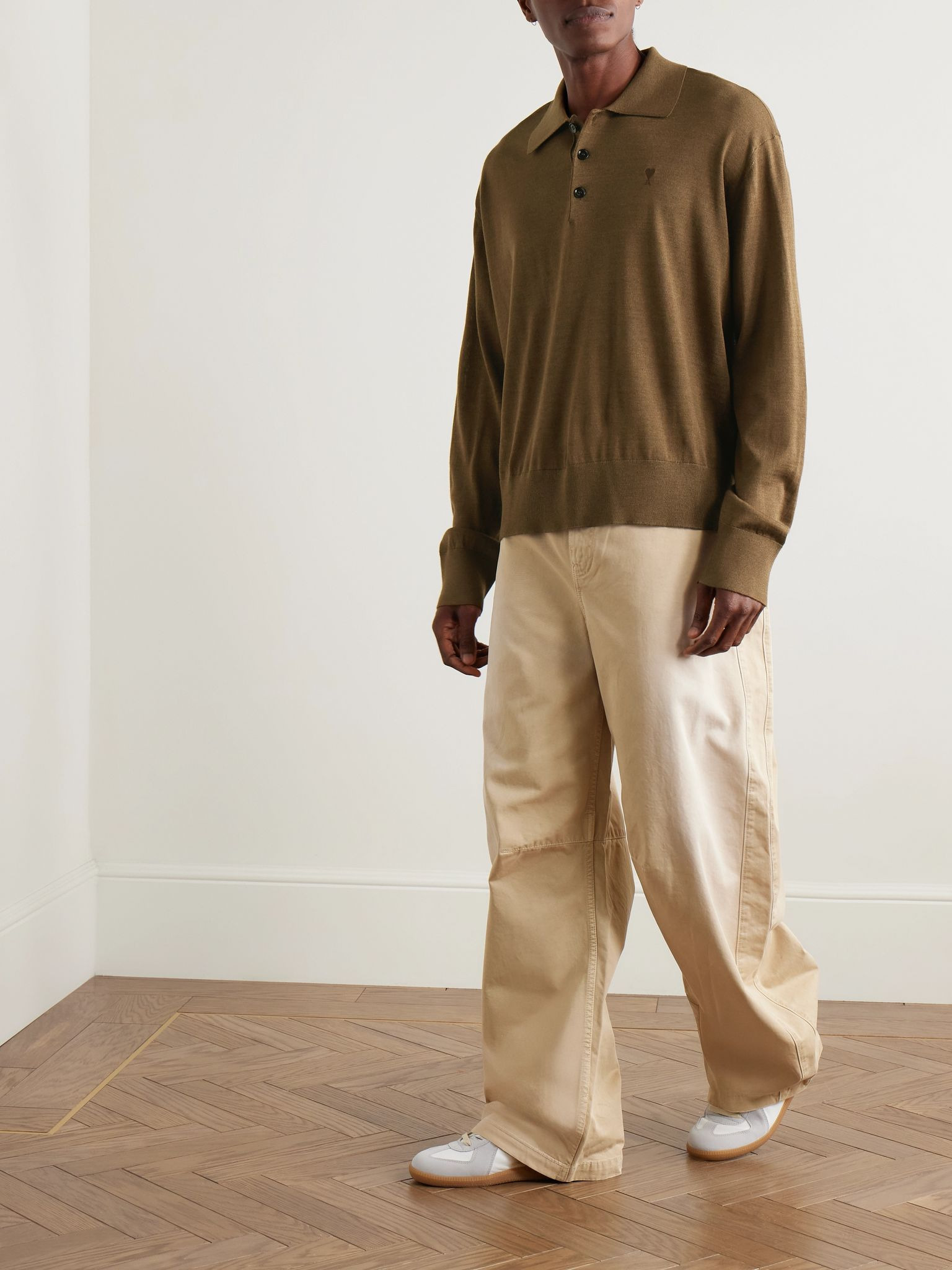 Logo-Embroidered Virgin Wool and Silk-Blend Polo Shirt Brown - 2