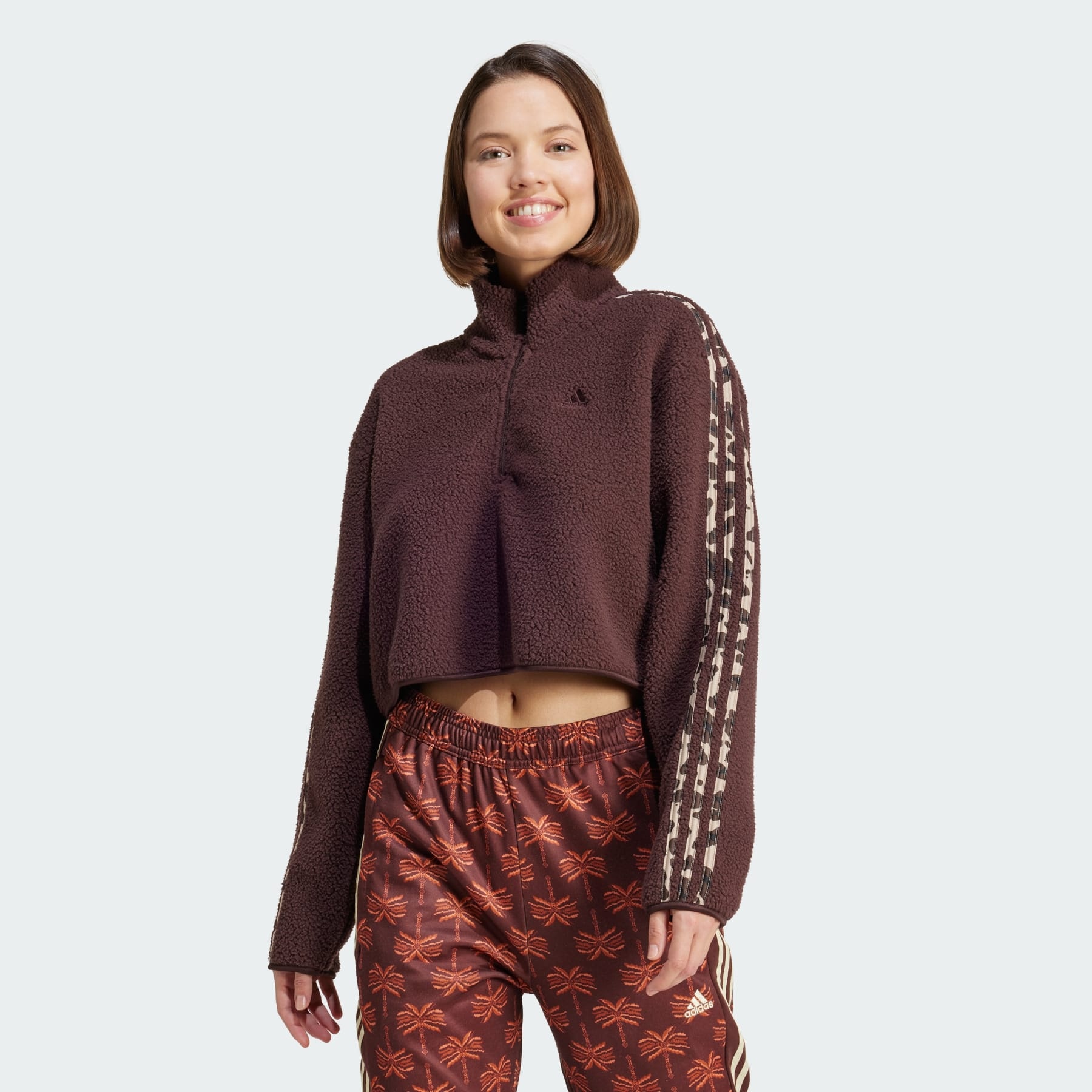 Essentials 3-Stripes Animal Print High Pile Cropped 1/4 Zip Top - 2
