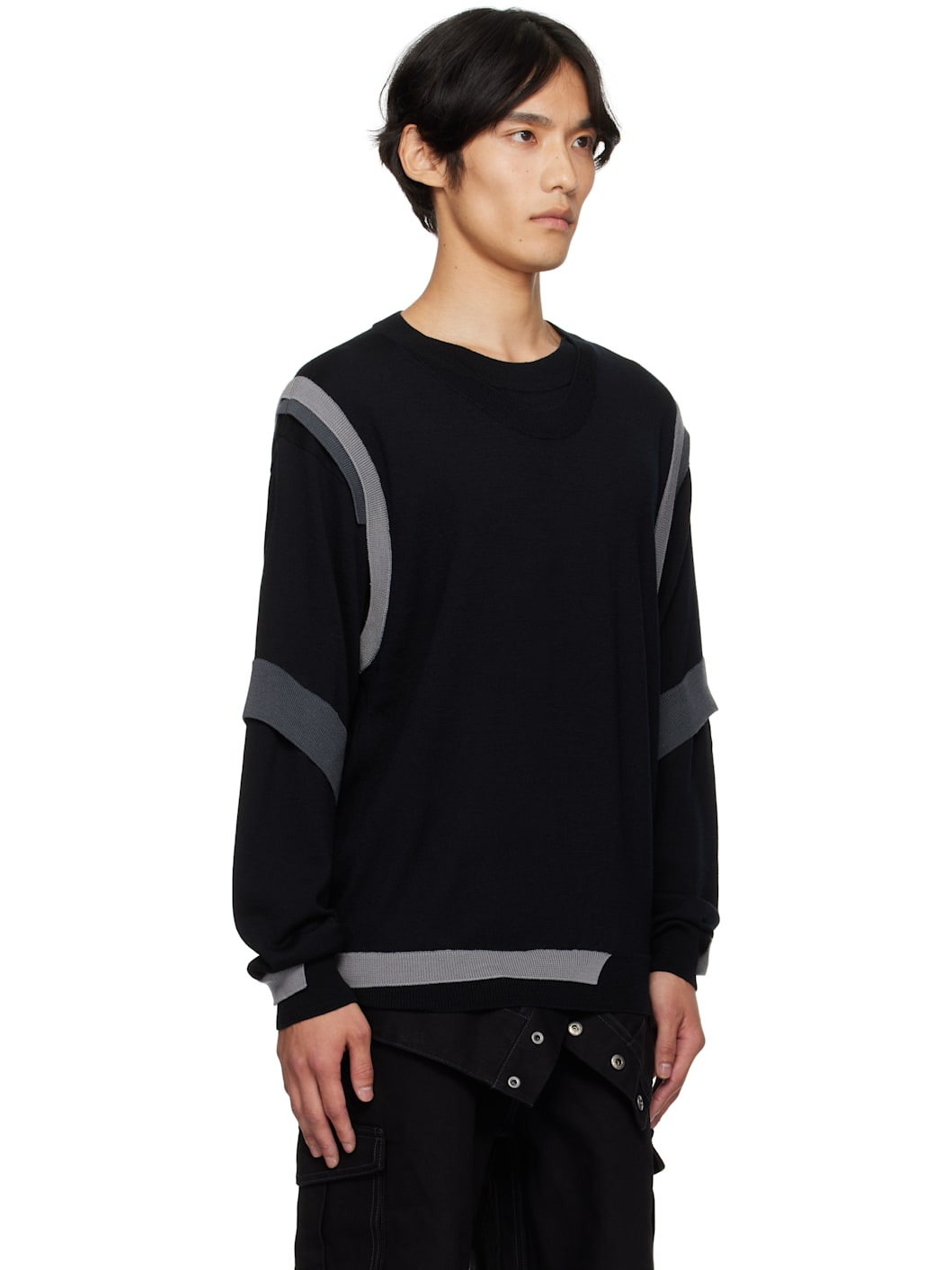 Black Layered Crewneck Sweater - 2