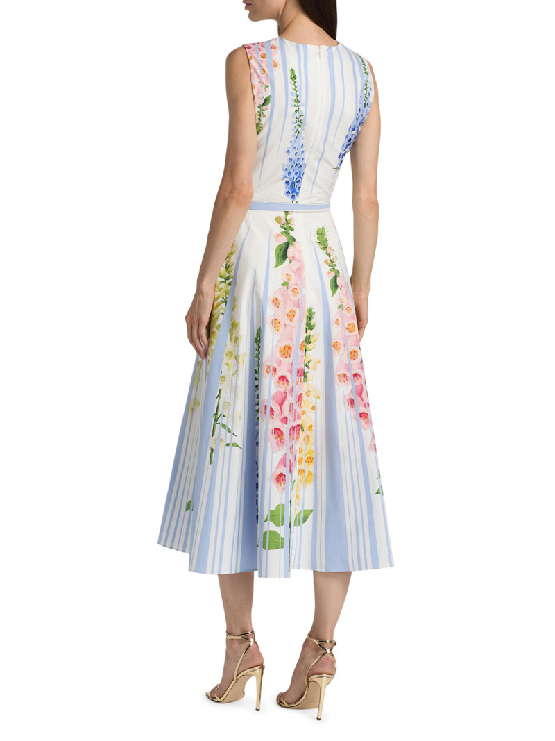 Women's Pleated Foxgloves-Print Cotton Poplin Midi-Dress - Light Blue Mult 5
