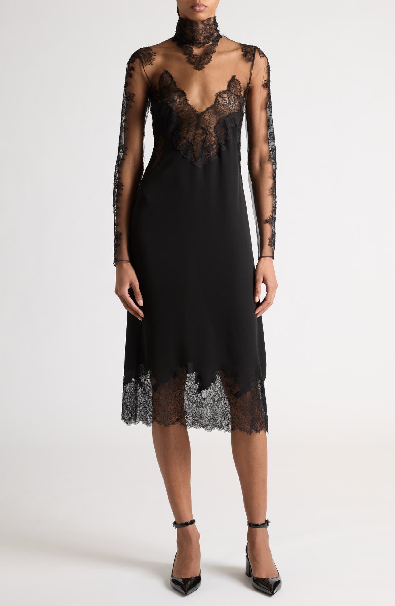 Valentino Garavani Sheer Floral Lace Inset Long Sleeve Midi Dress in Nero at Nordstrom - 1