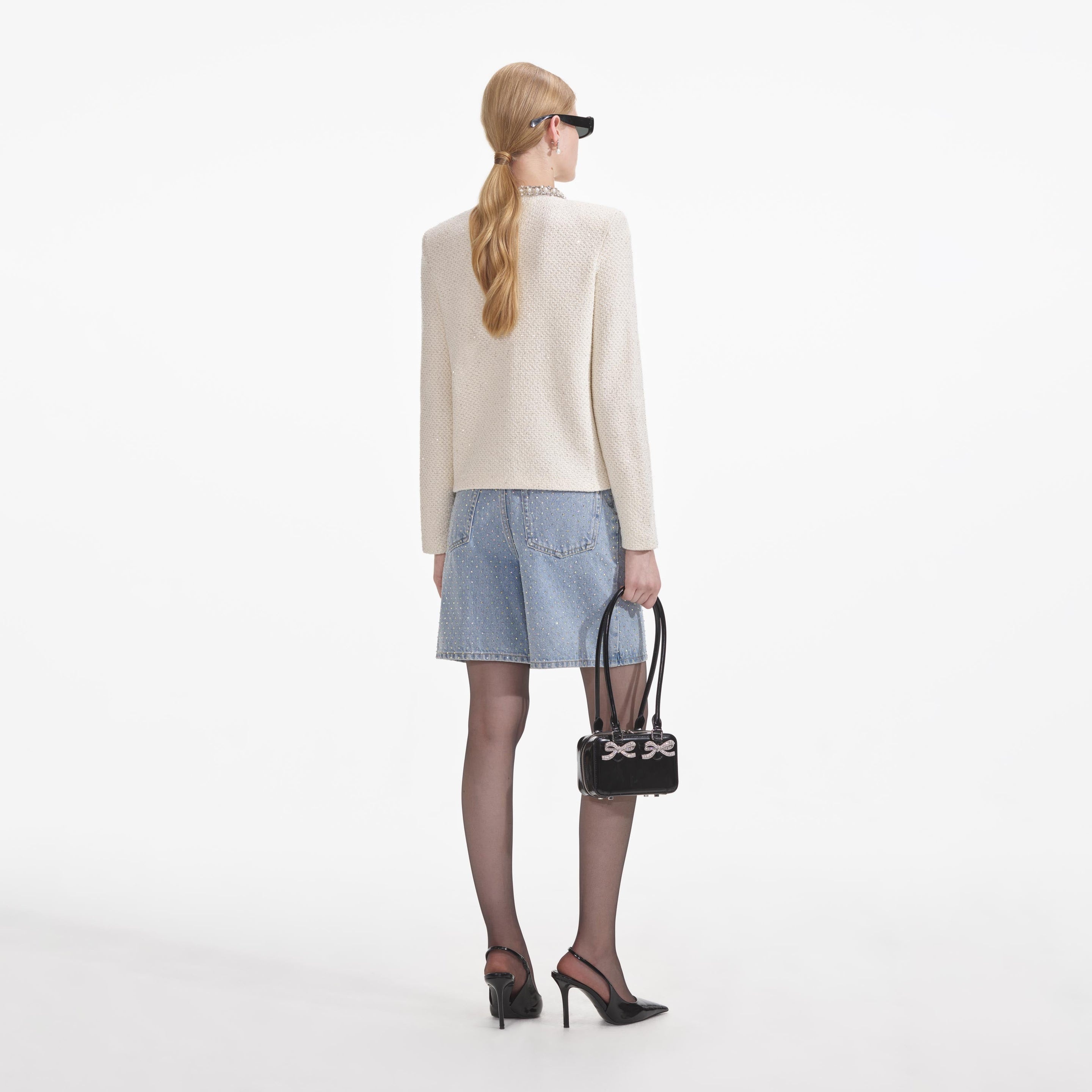 Cream Textured Knit Embellished Cardigan - 3