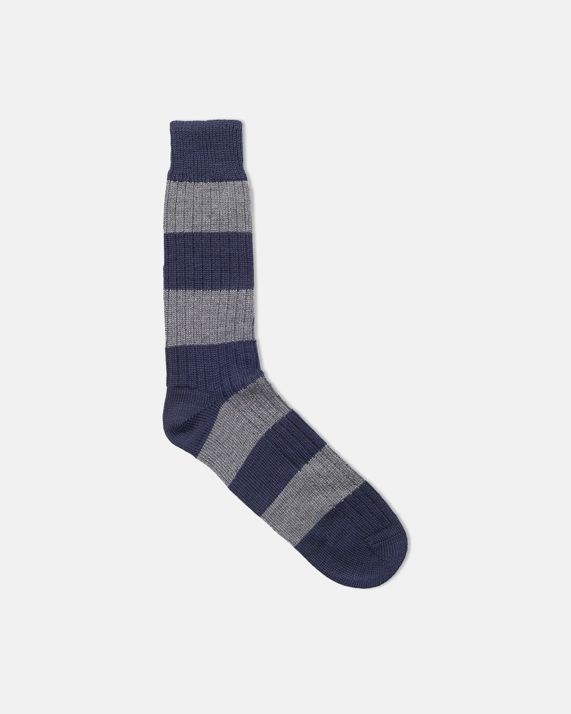 MADE-IN-ENGLAND NAVY & GREY BLOCK STRIPE WOOL SOCKS - 1