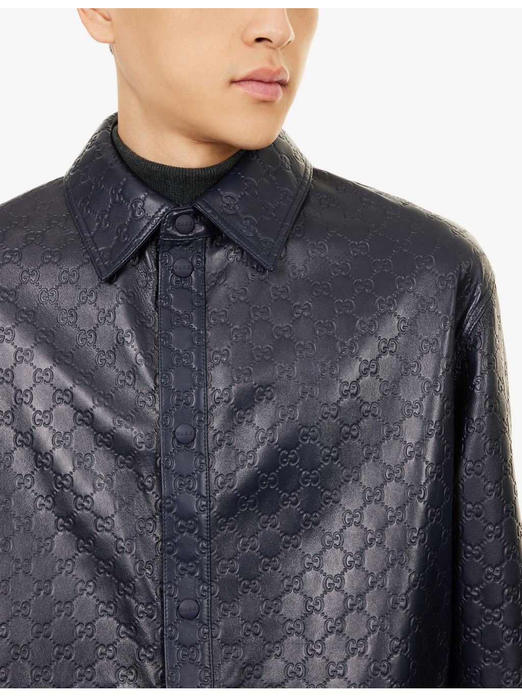 Embossed Monogram-Pattern Long-Sleeve Faux-Leather Shirt - 5