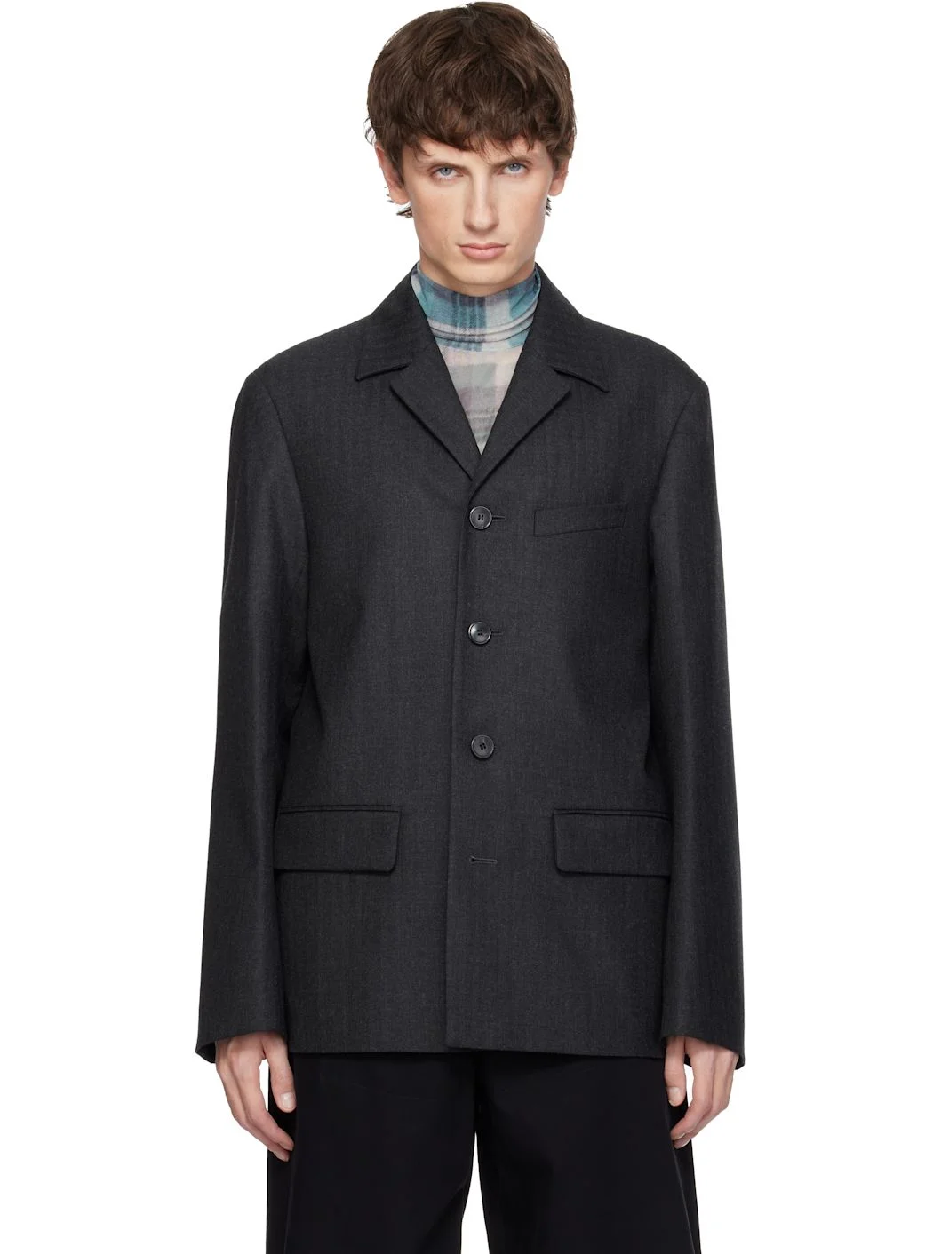 Gray Herringbone Wool Blazer - 1