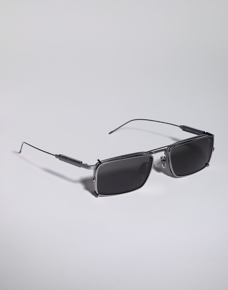 Brunello Cucinelli Titanium and horn frame with clip-on sun lens outlook