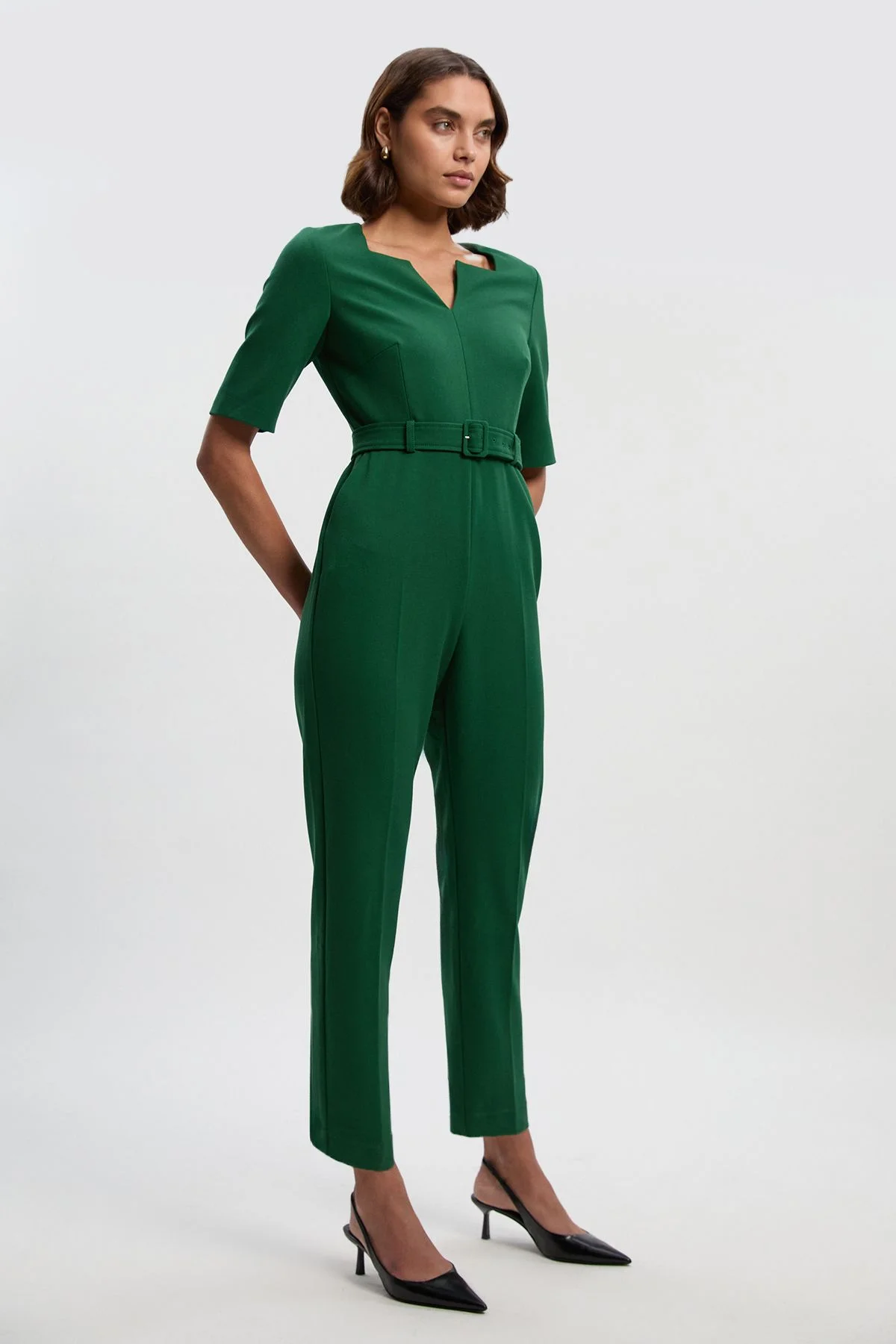 Petite Structured Crepe Forever Notch Neck Belted Tailored Jumpsuit - 1