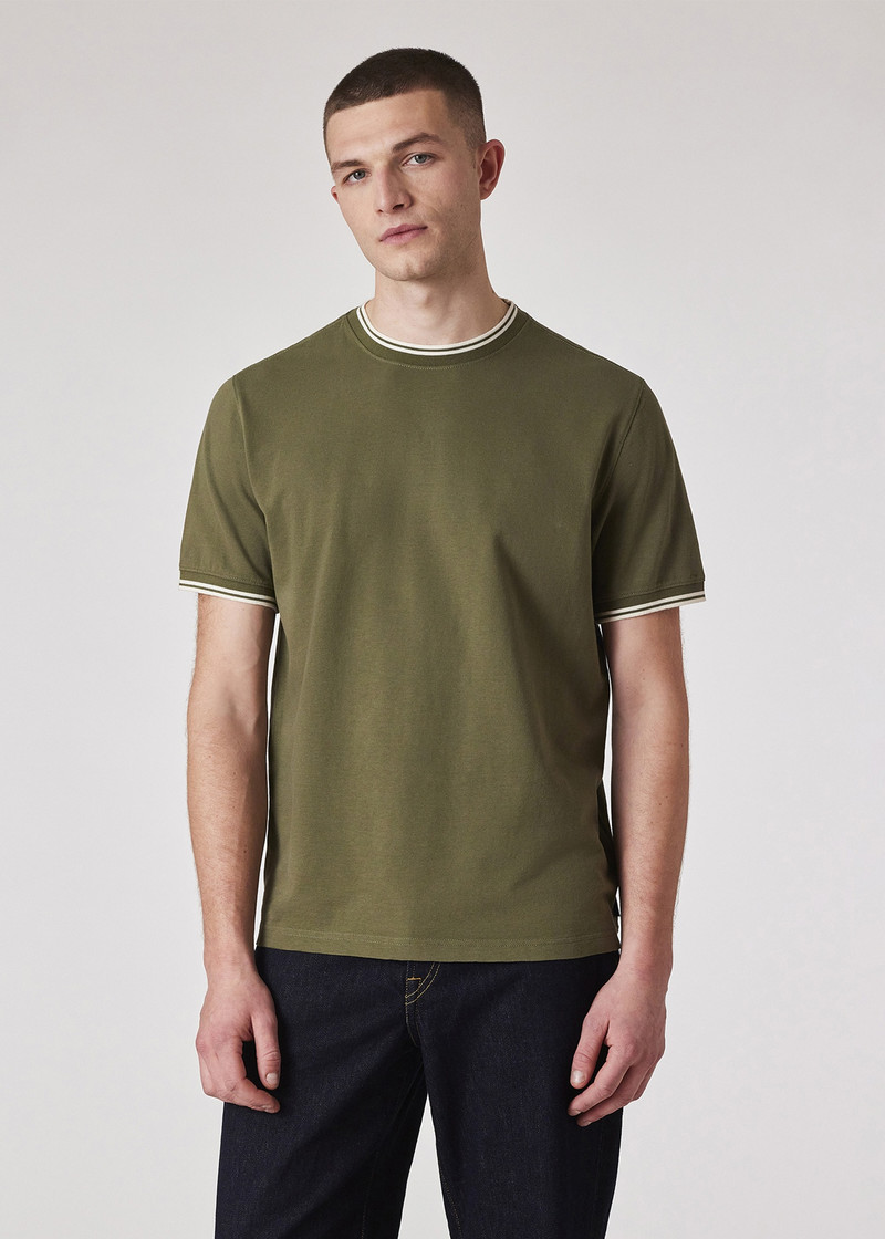 Khaki Regular-Fit Contrast Stripe Cotton T-Shirt 3