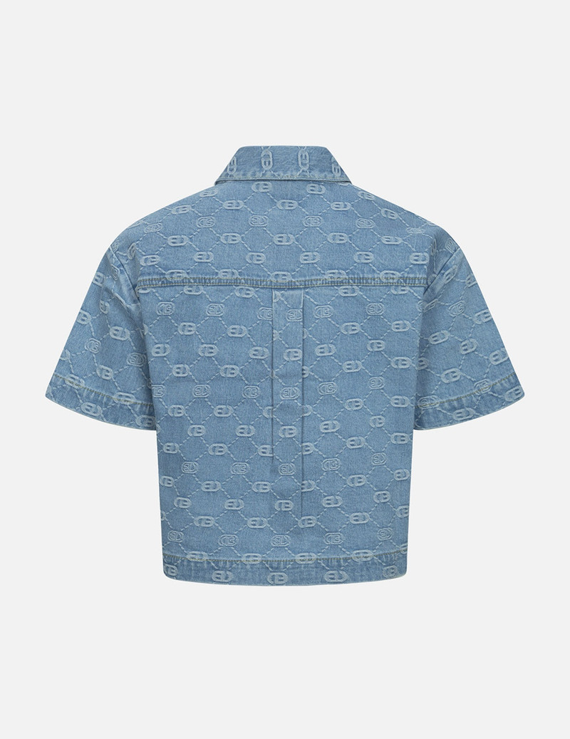 EVISU ALLOVER LOGO JACQUARD AND RHINESTONE SEAGULL FASHION FIT DENIM SHIRT outlook