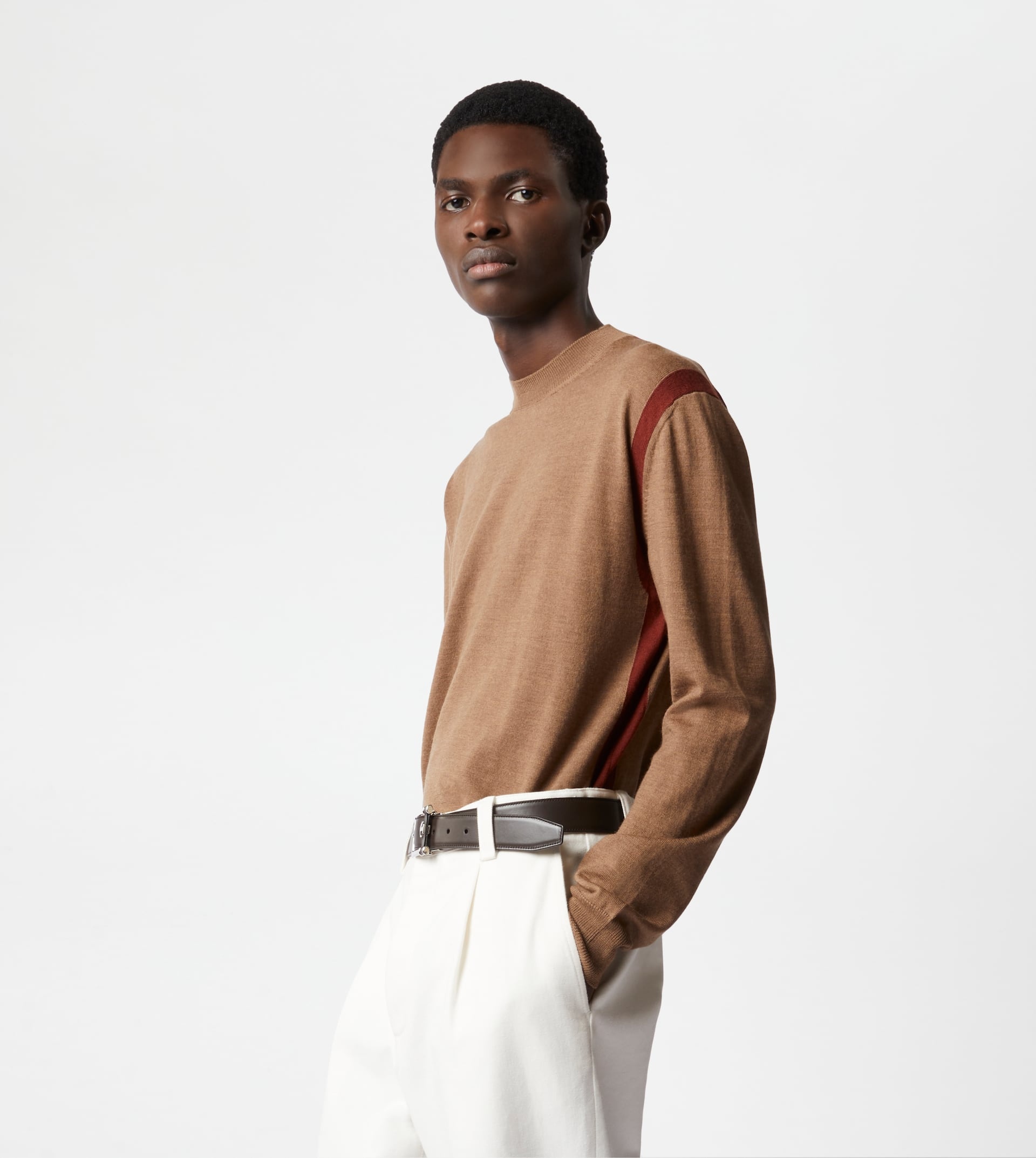 ROUND NECK JUMPER IN WOOL - BROWN, RED - 2