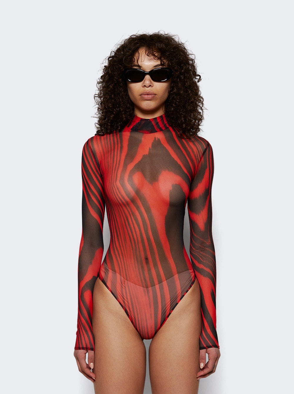 Printed Mesh Bodysuit Red And Black - 2