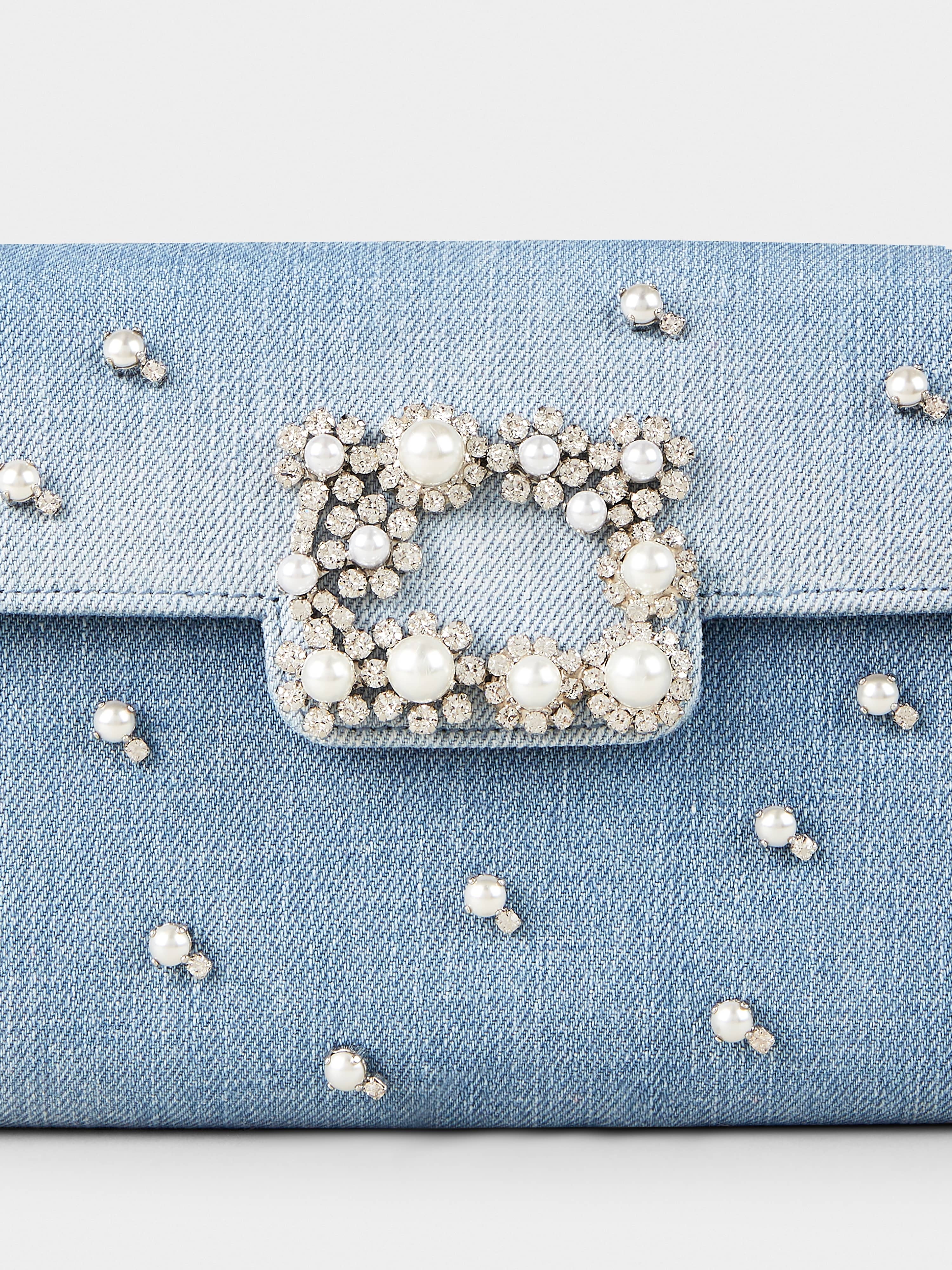 Flower Strass Pearl Buckle Clutch Bag in Denim - 7