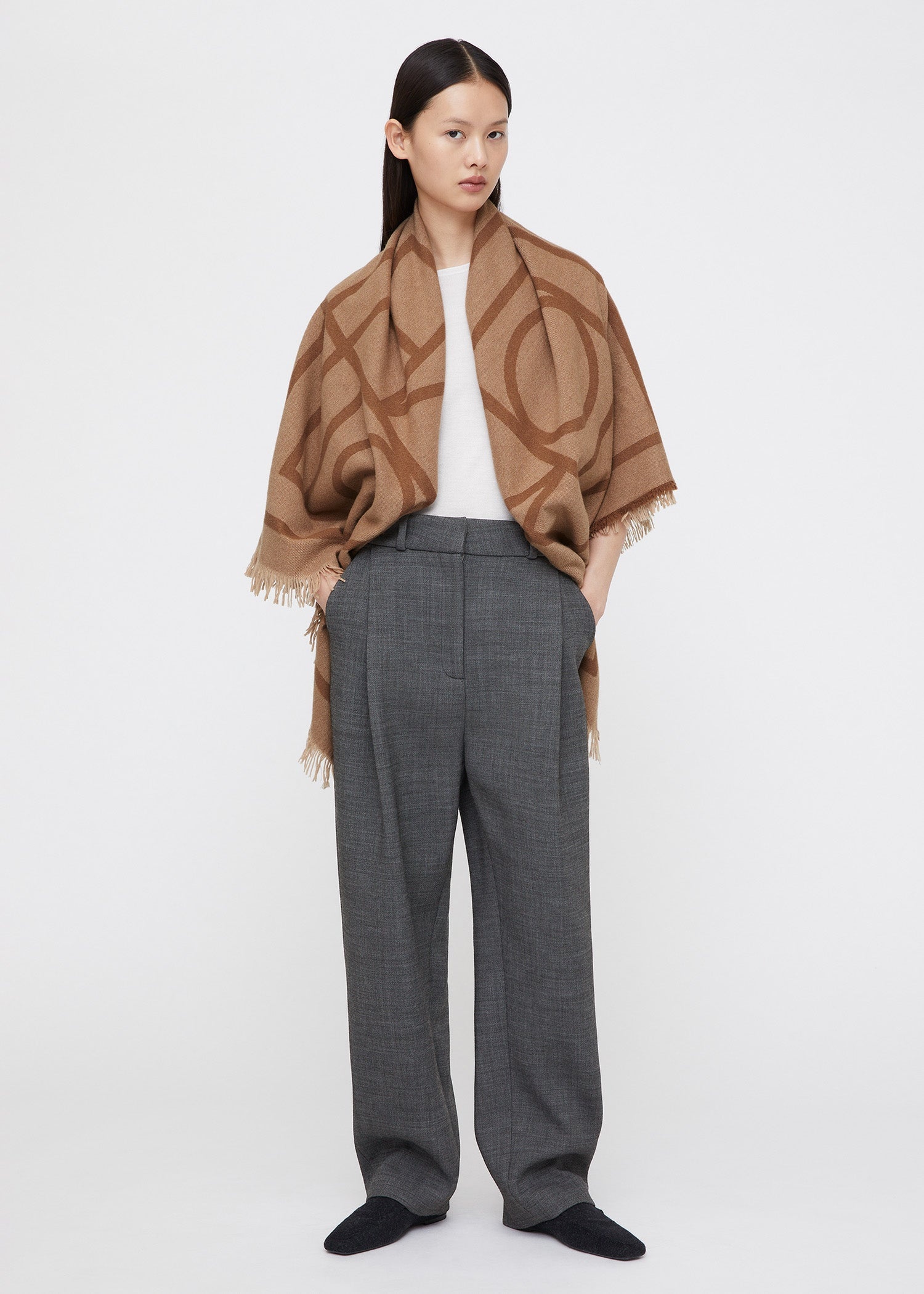 Monogram wool cashmere scarf camel - 1