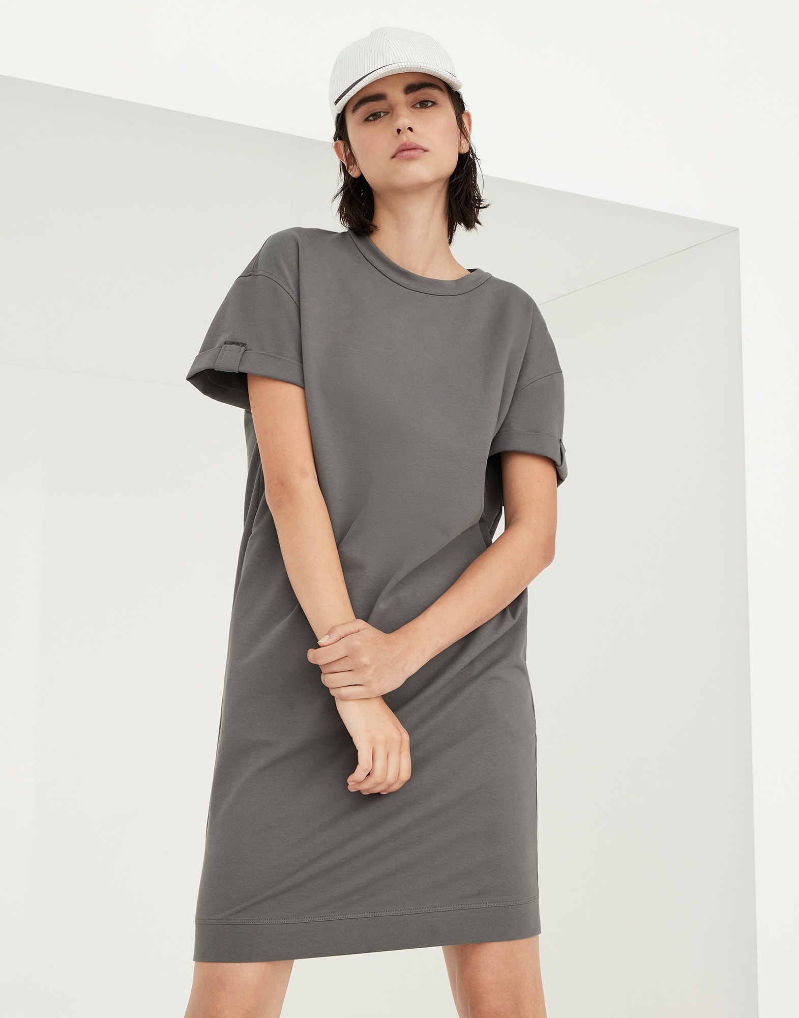 Stretch cotton lightweight French terry dress with shiny cuff detail - 4