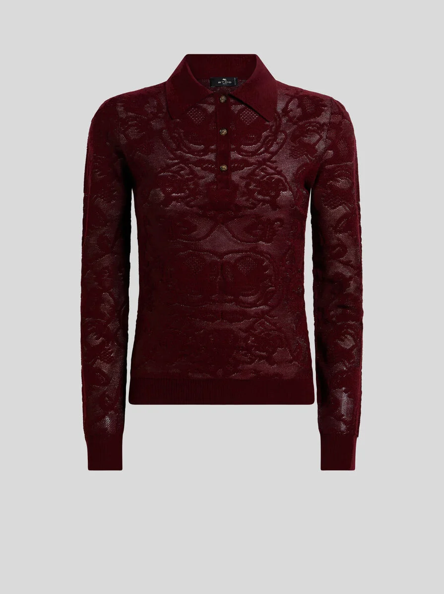 LONG-SLEEVED WOOL JACQUARD POLO SHIRT WITH PLACED MOTIF - 1