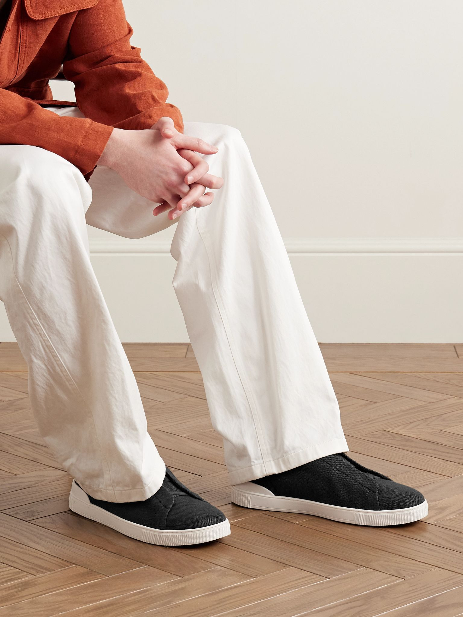Triple Stitch™ Leather-Trimmed Linen-Canvas Slip-On Sneakers Gray - 2