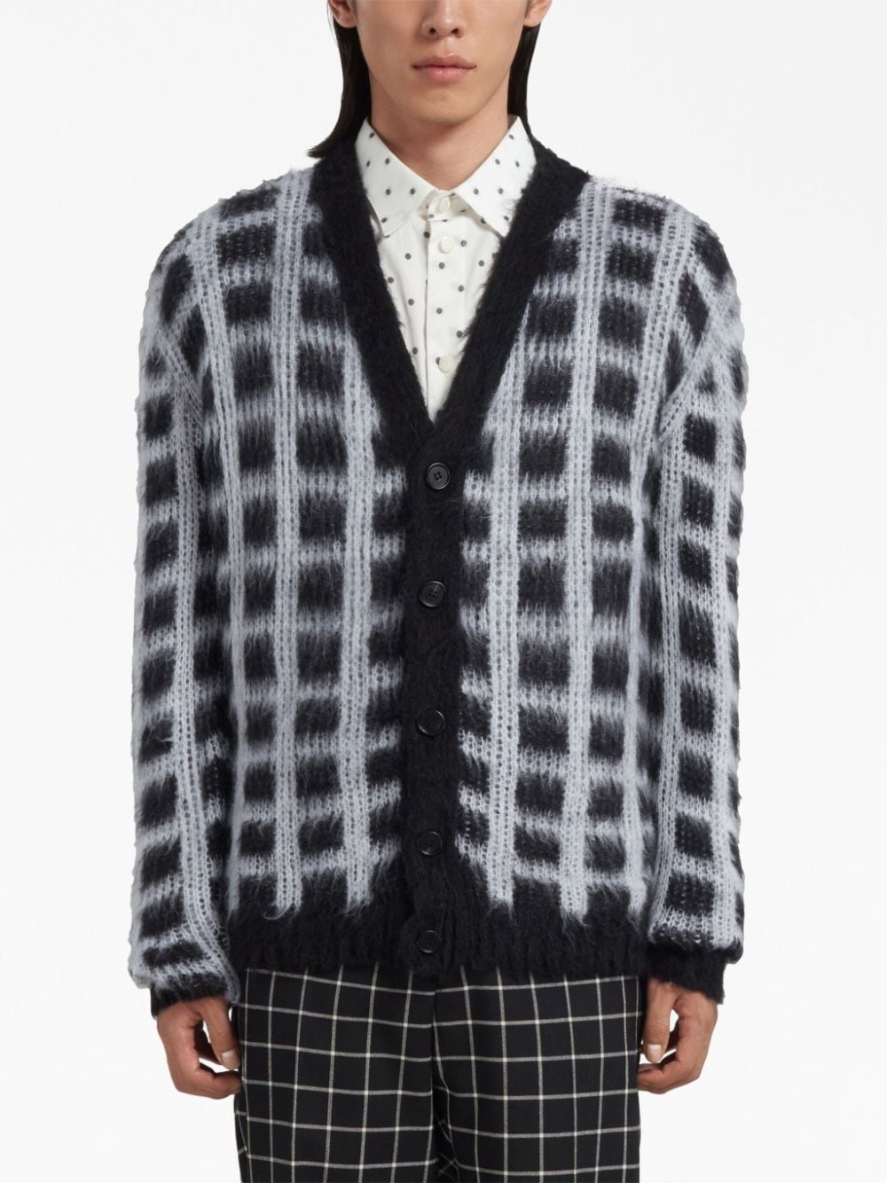 windowpane-check cardigan - 3