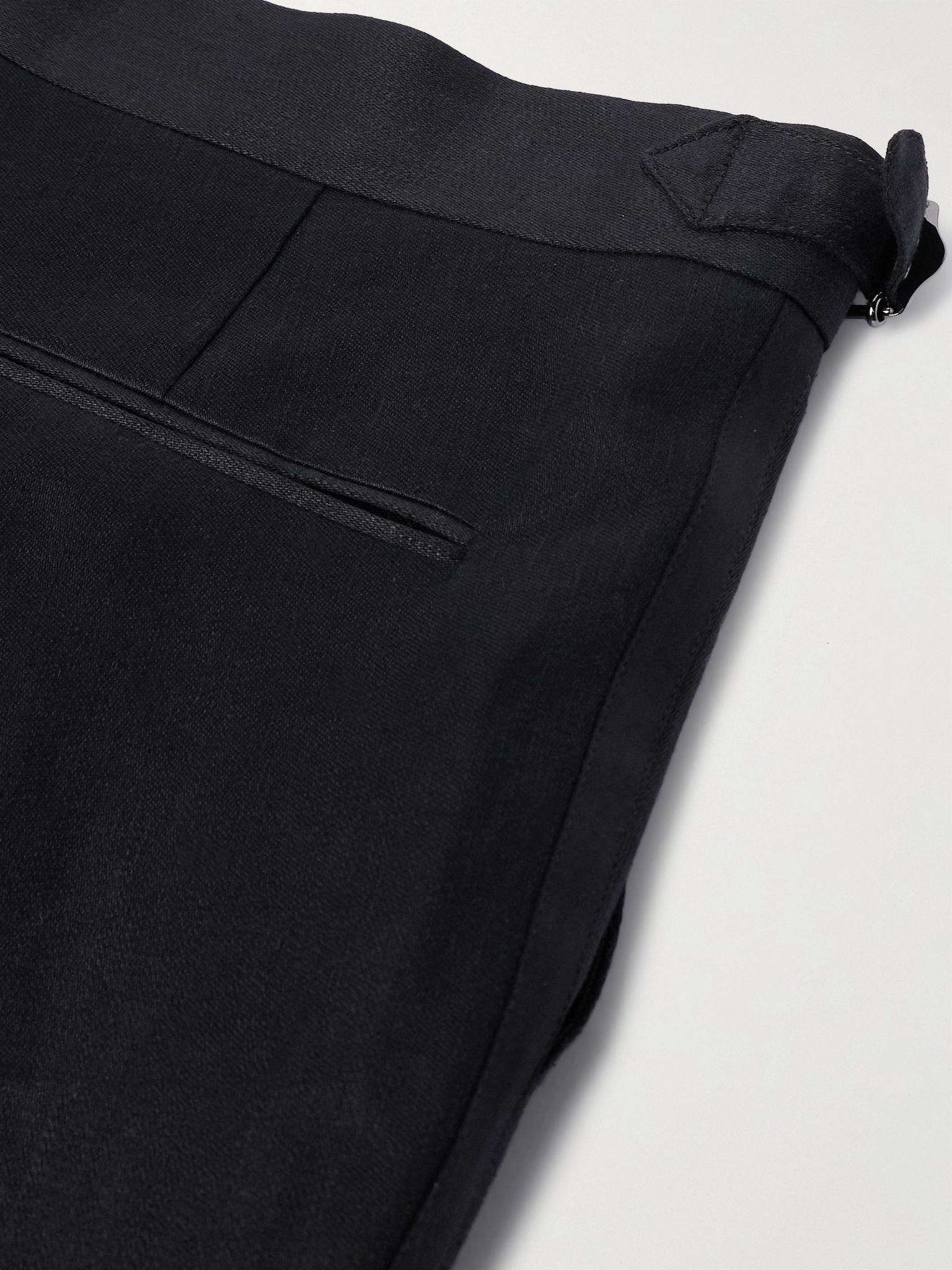 Tapered Pleated Cotton and Silk-Blend Satin-Trimmed Linen Tuxedo Trousers Black - 5