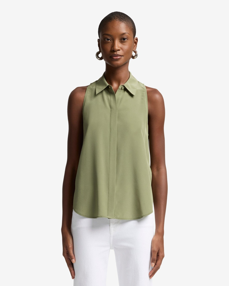 7 For All Mankind Sleeveless Silk Button Down in Army outlook
