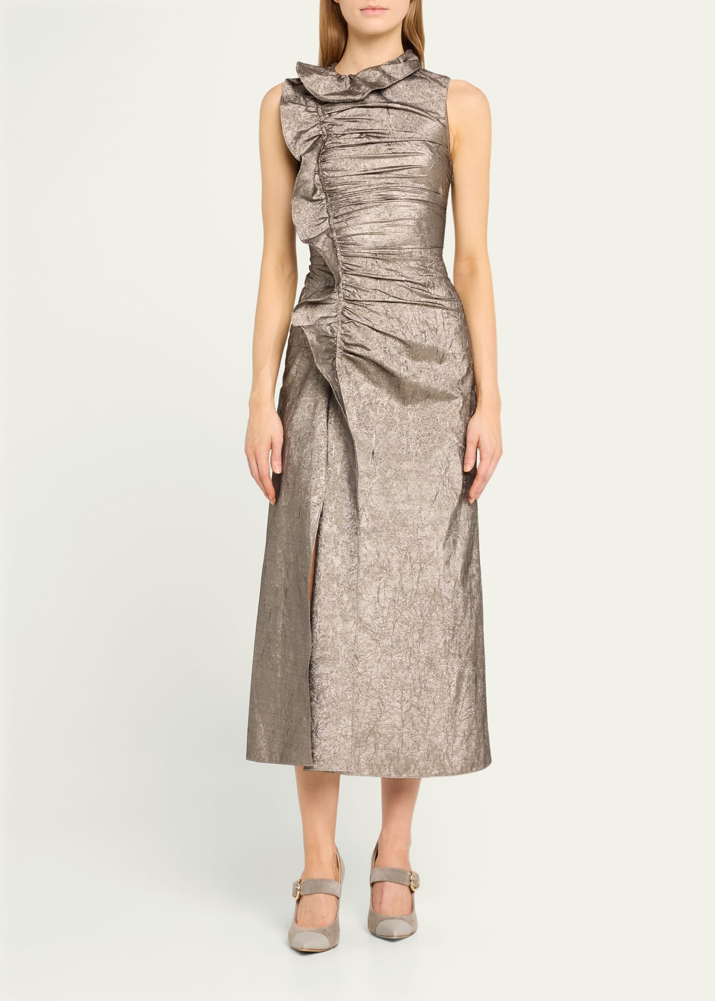 Demetra Metallic Ruffle Sleeveless Midi Dress - 2