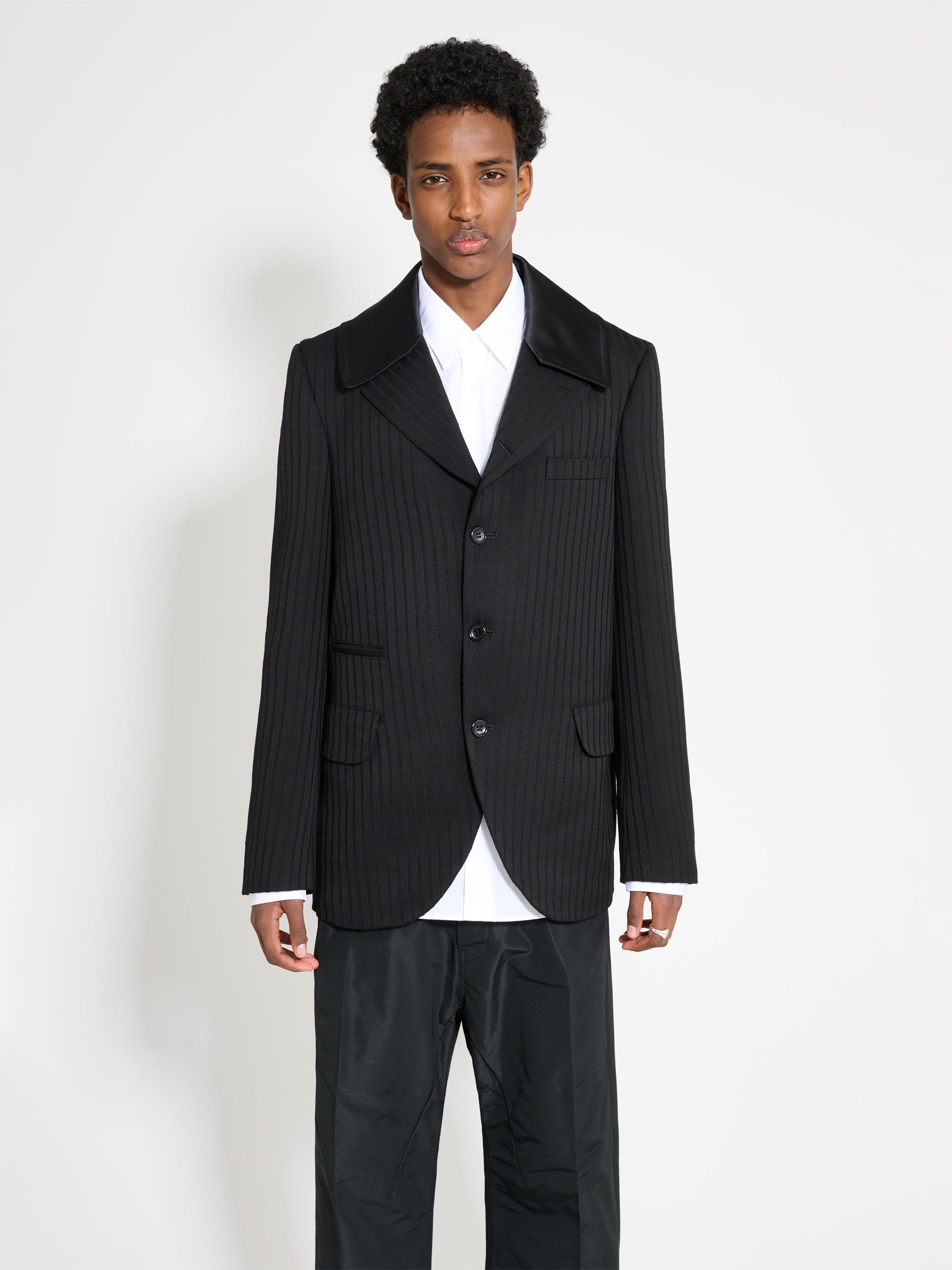 COMME DES GARÇONS HOMME PLUS CONTRAST LAPEL JACKET WOOL DOBBY STRIPE BLACK - 1