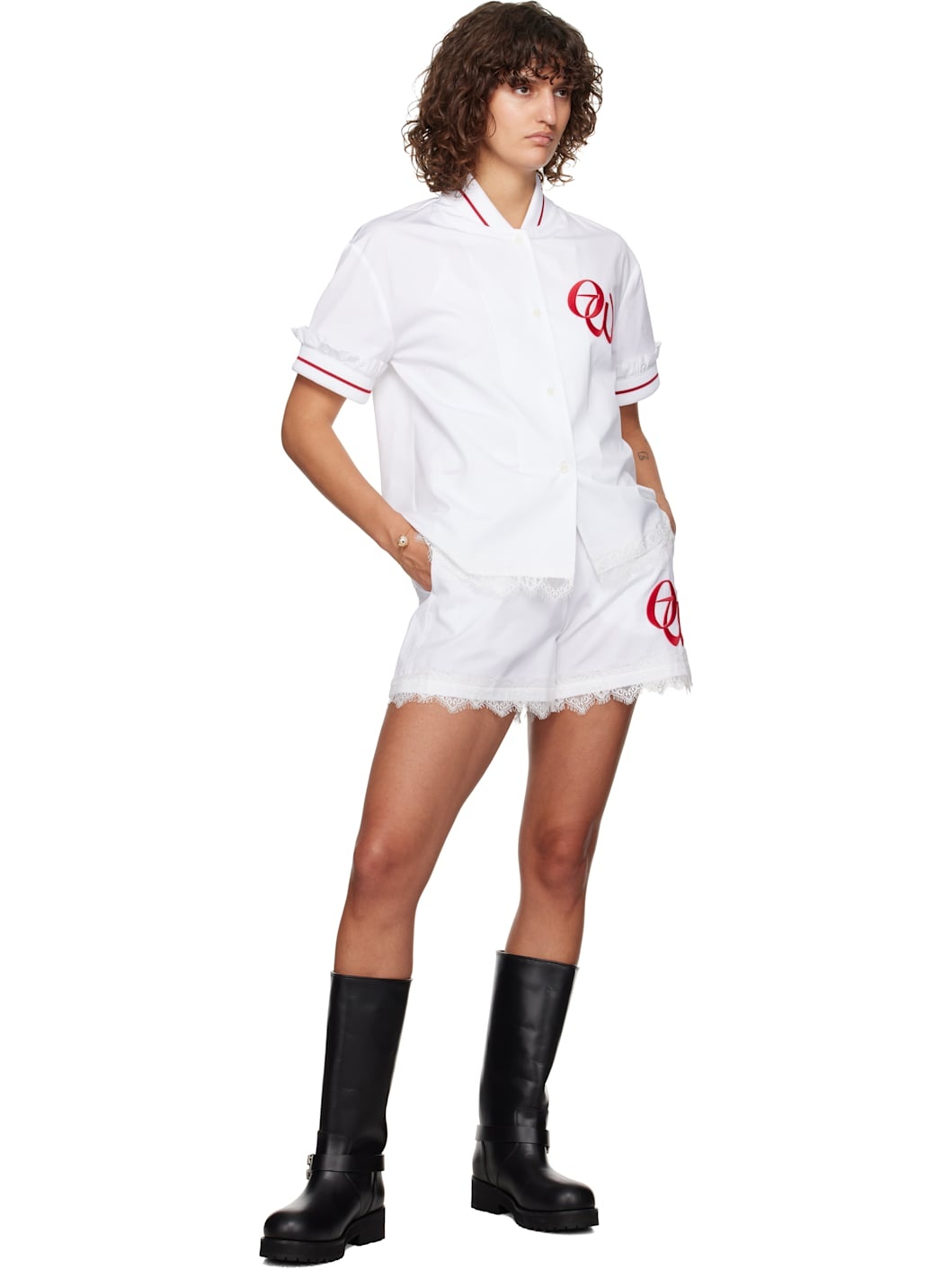 White Poplin 'OW' Embr Baseball Shorts - 4