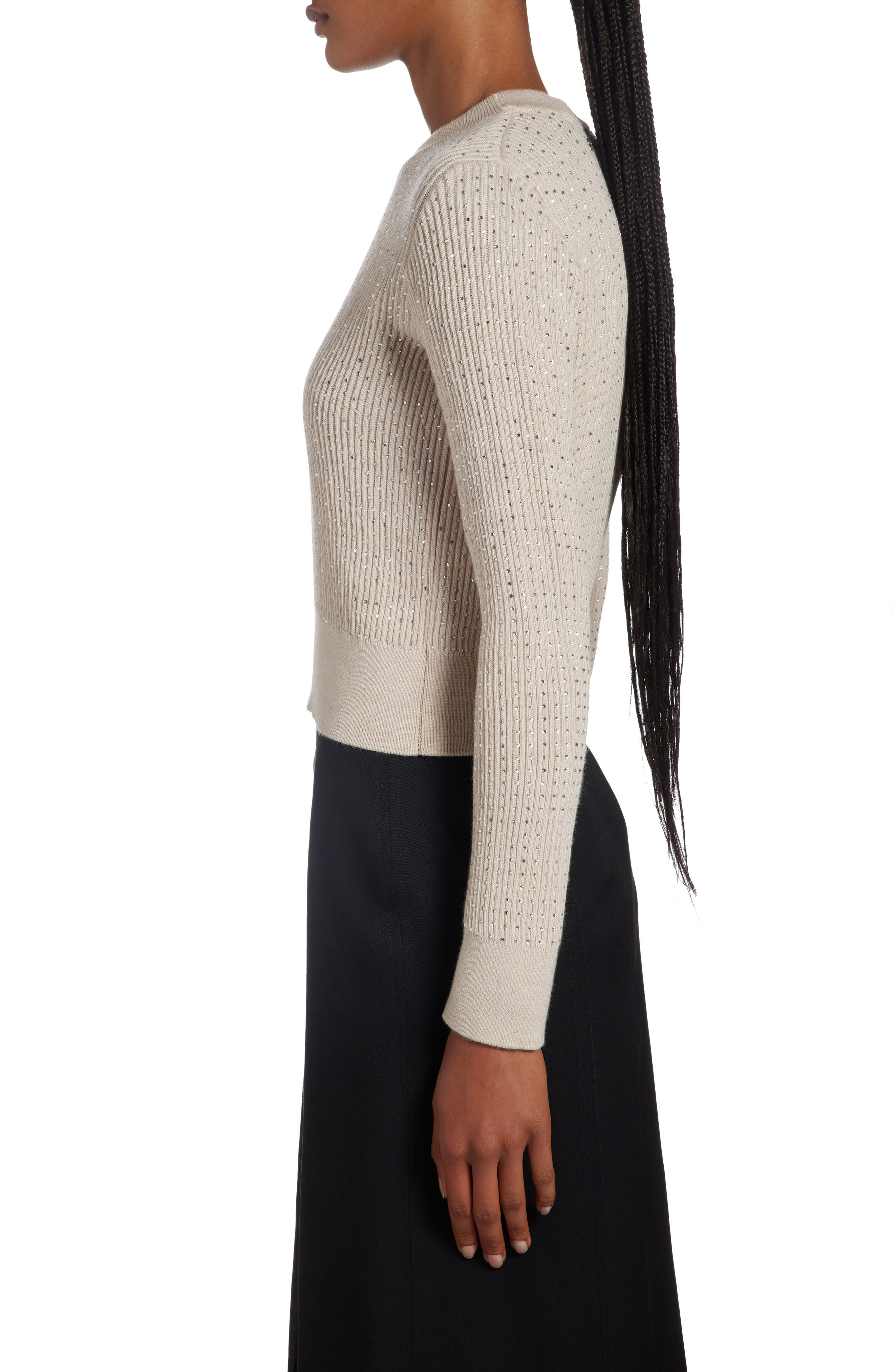 Crystal Embellished Virgin Wool Rib Crewneck Sweater - 4
