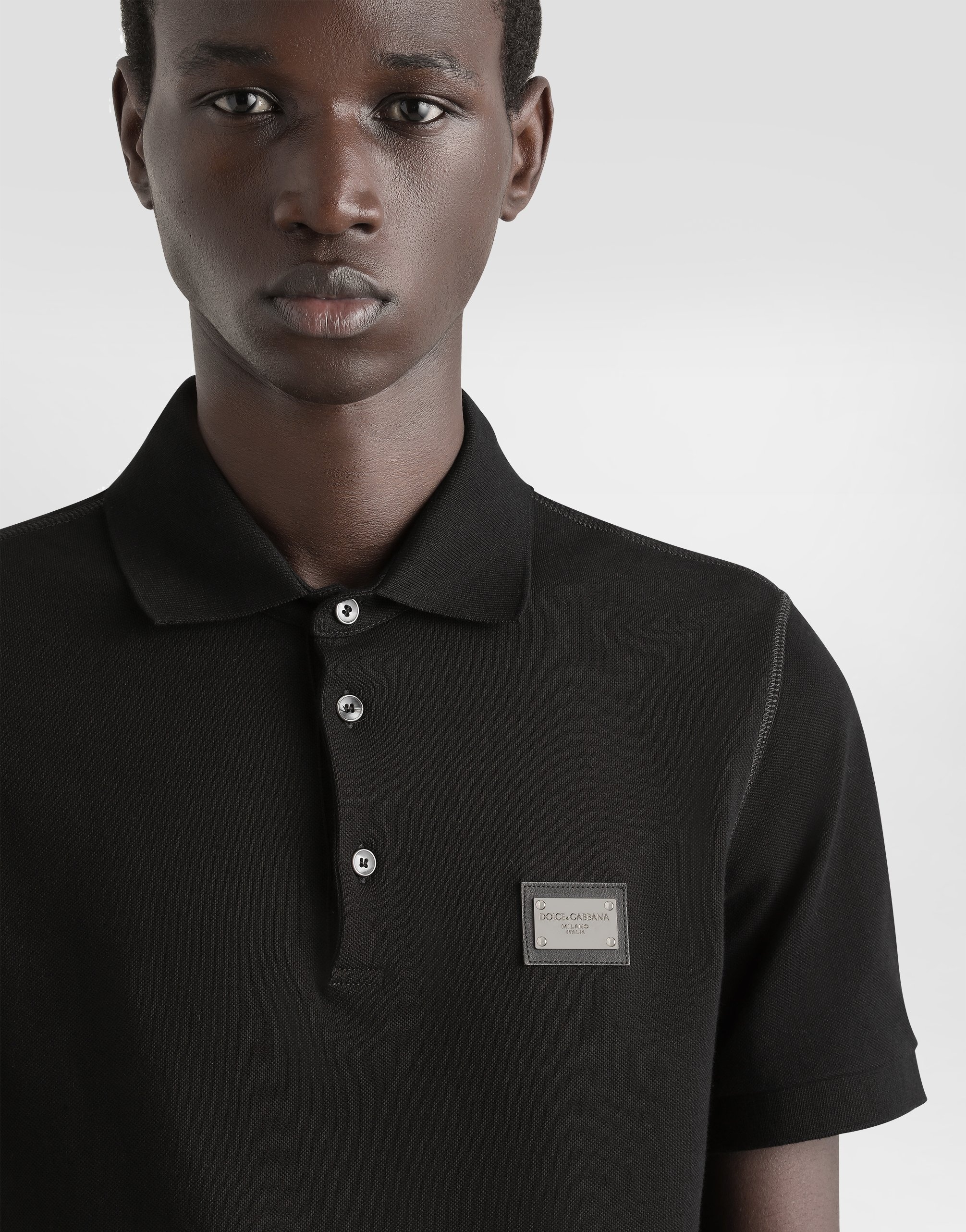 Cotton piqué polo-shirt with branded tag - 5