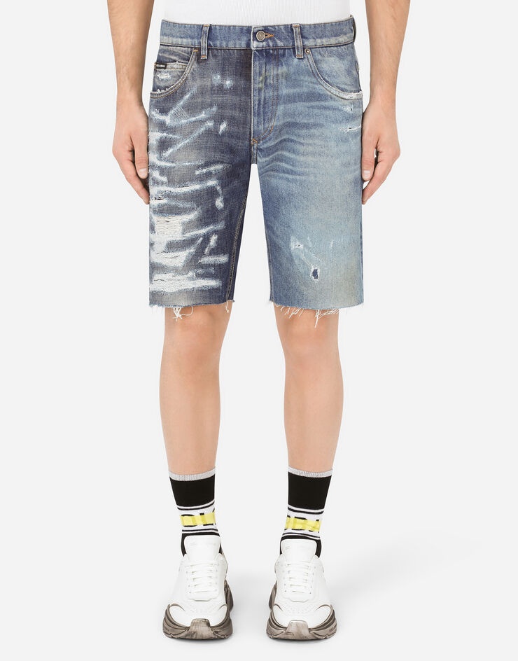 Denim shorts with repaired rips - 1