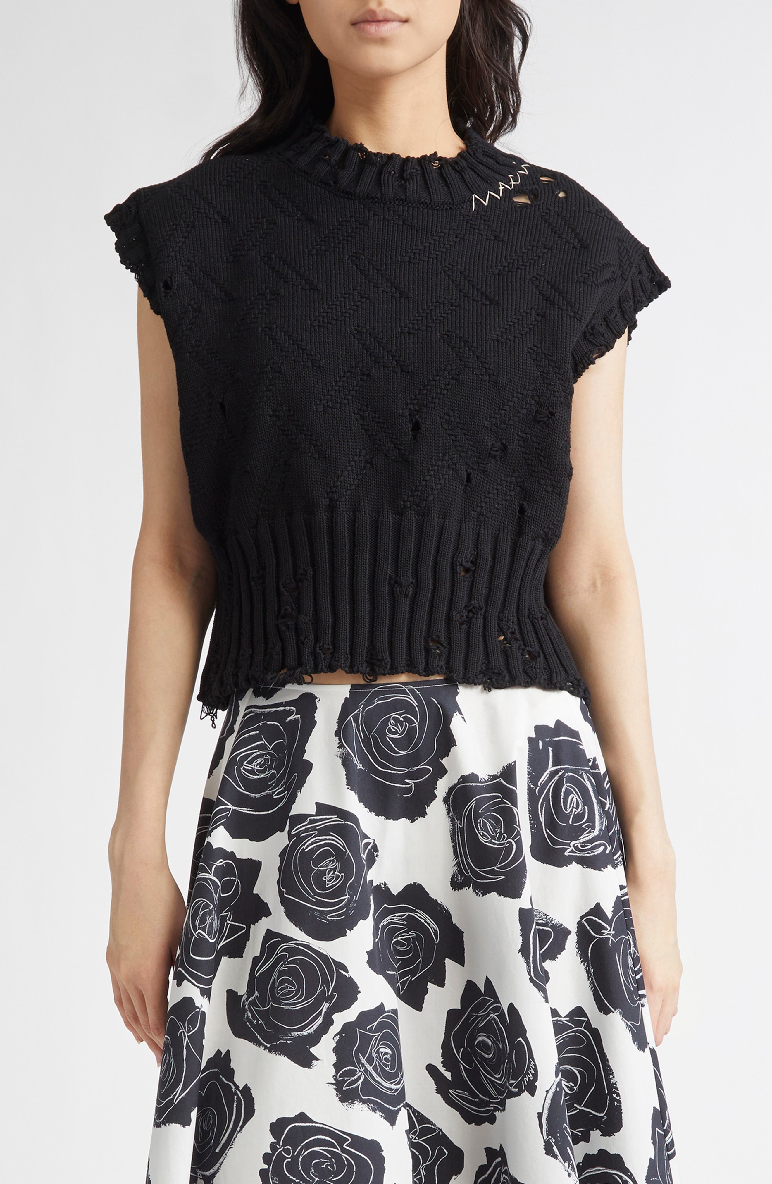 Marni Distressed Cotton Crop Sweater Vest in 00N99 Black at Nordstrom - 1