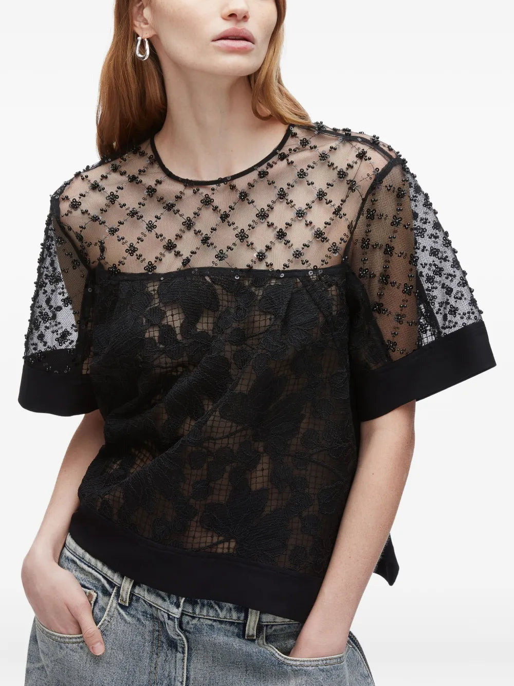 Corded Lace Organza Short Sleeve Flounce Top - 3