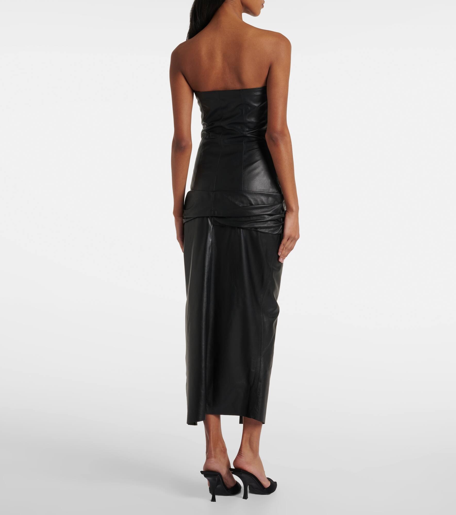 Draped strapless leather midi dress - 3
