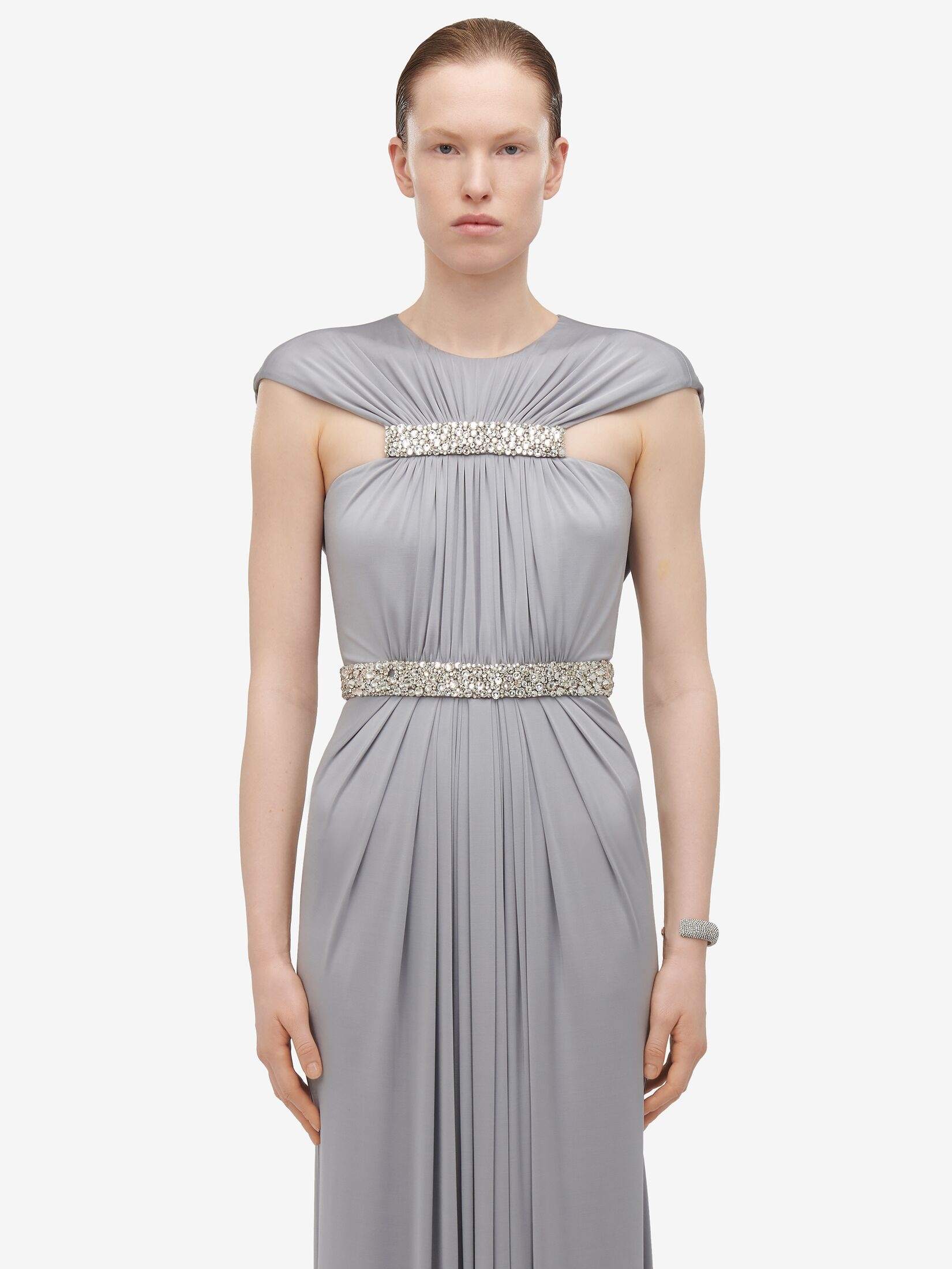 Women's Gathered Cape Evening Dress in Silver Grey - 5