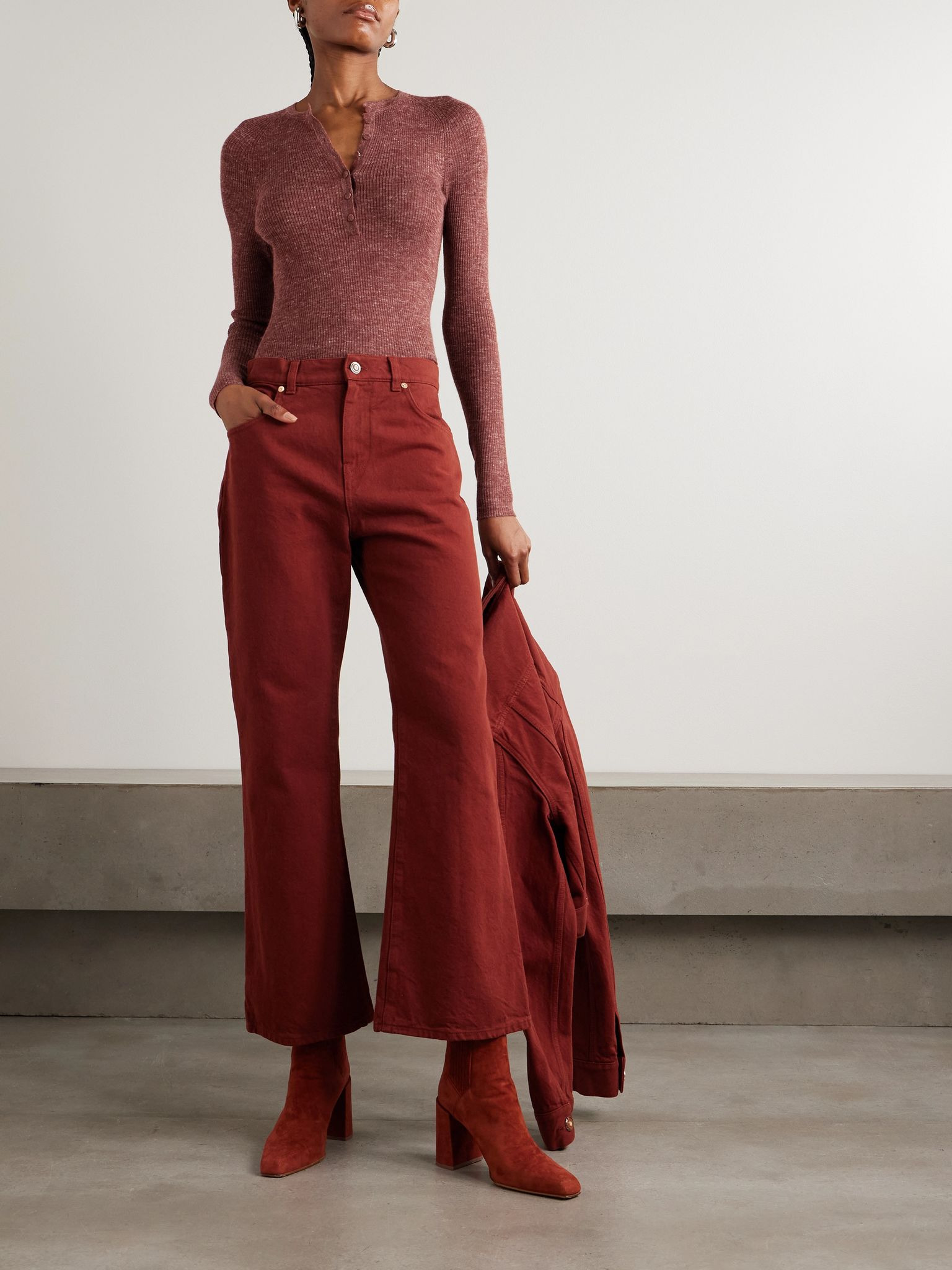 Anges ribbed cashmere, silk and hemp-blend Henley top Burgundy - 2